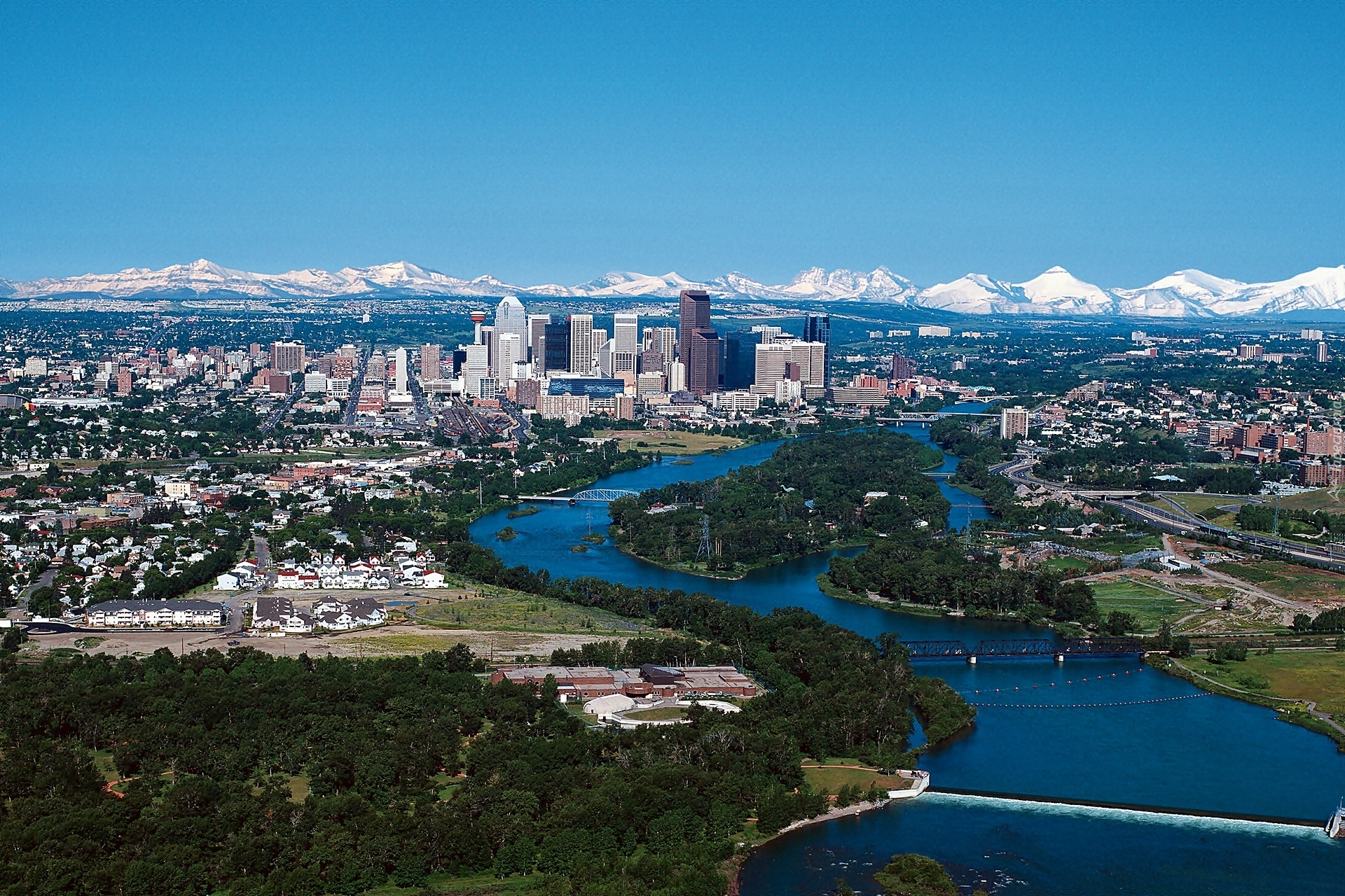 Calgary, Panorama, Miasta, Rzeka, Bow, Roślinność