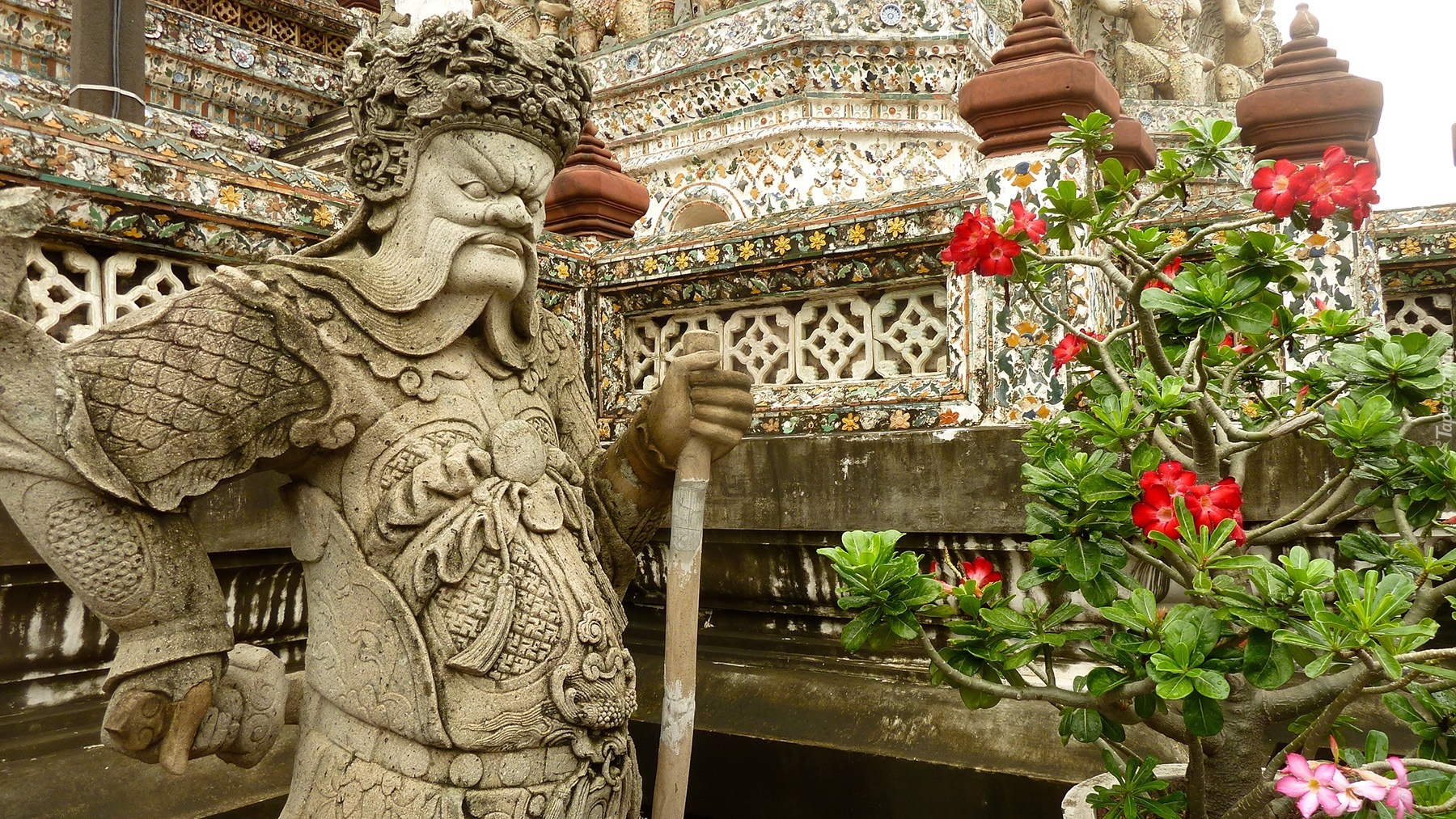 Posąg, Kwiaty, Świątynia, Tajlandia