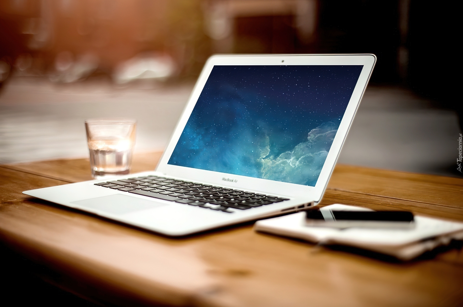 Laptop, Notes, Długopis, Szklanka