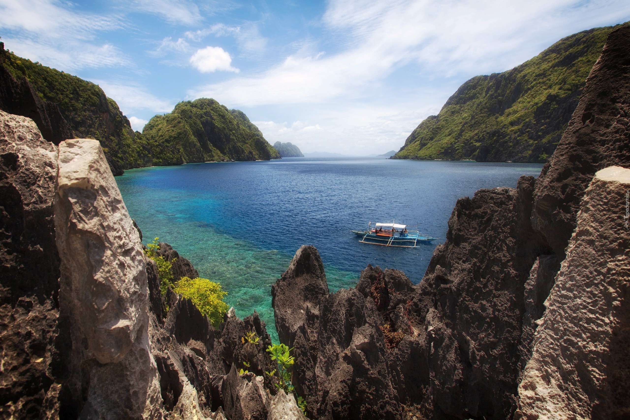 Łódka, Morze, Góry, Skały, El Nido, Palawan, Filipiny