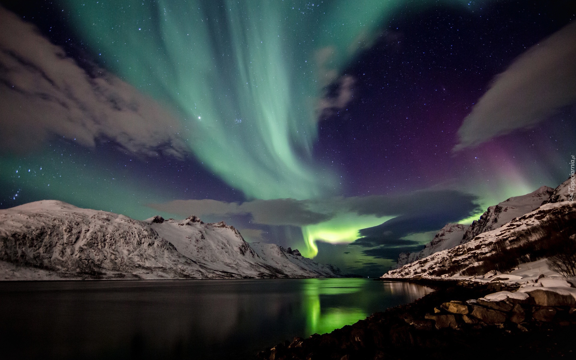 Islandia, Góry, Zorza, Polarna, Noc