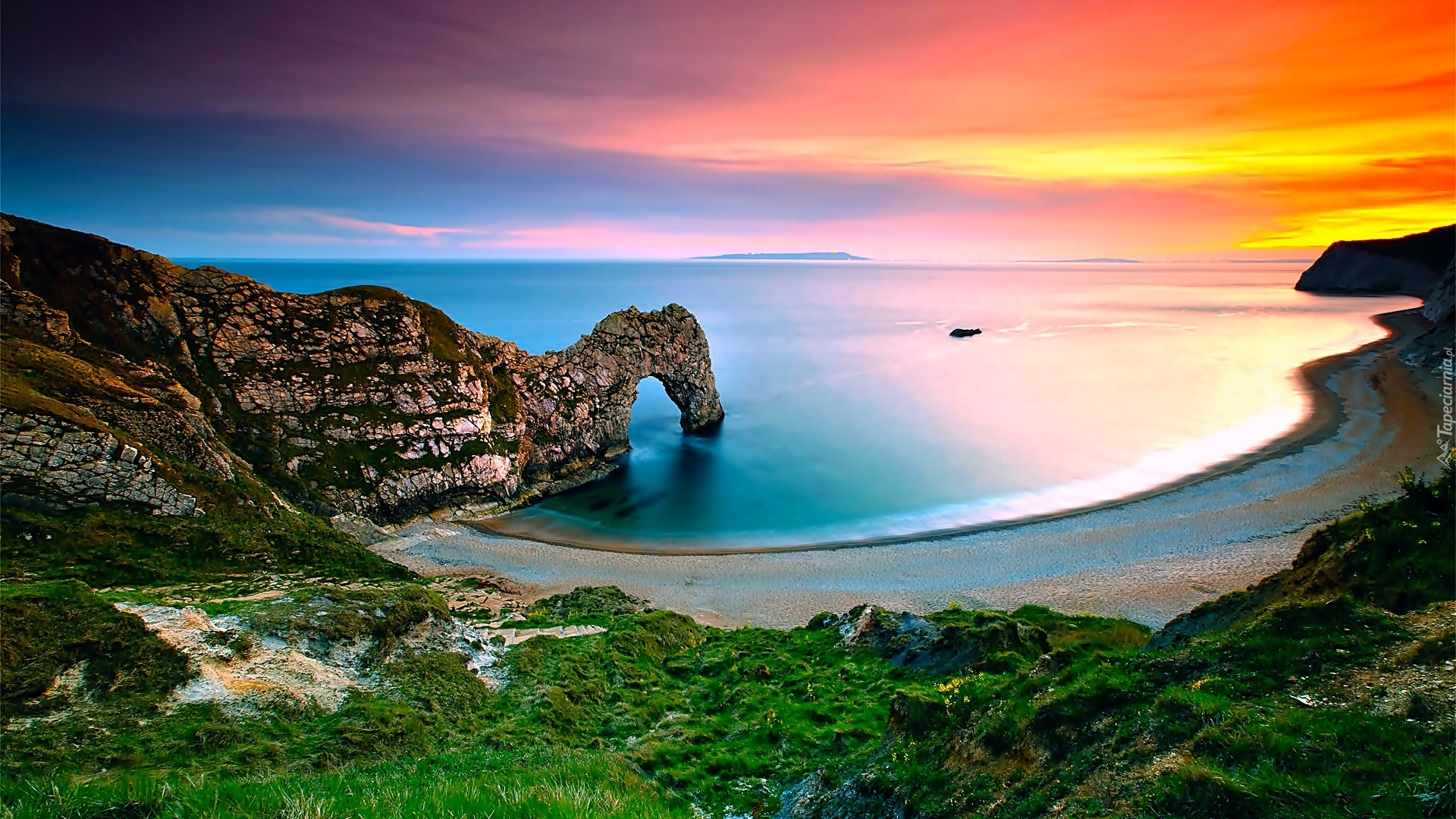 Anglia, Wybrzeże Jurajskie, Morze, Zachód słońca, Durdle Door, Plaża, Skały