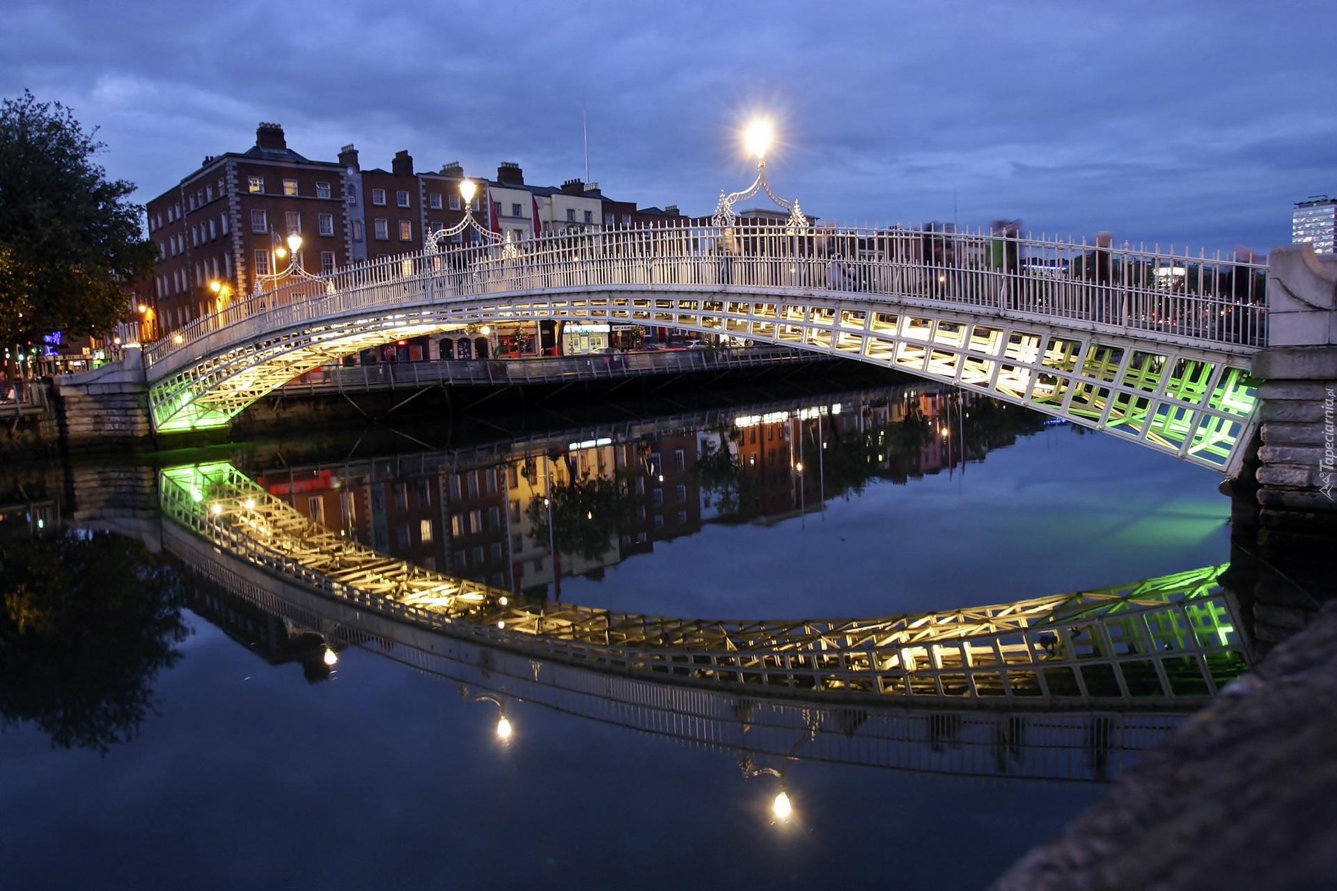 Dublin, Domy, Rzeka, Liffey, Most, Noc