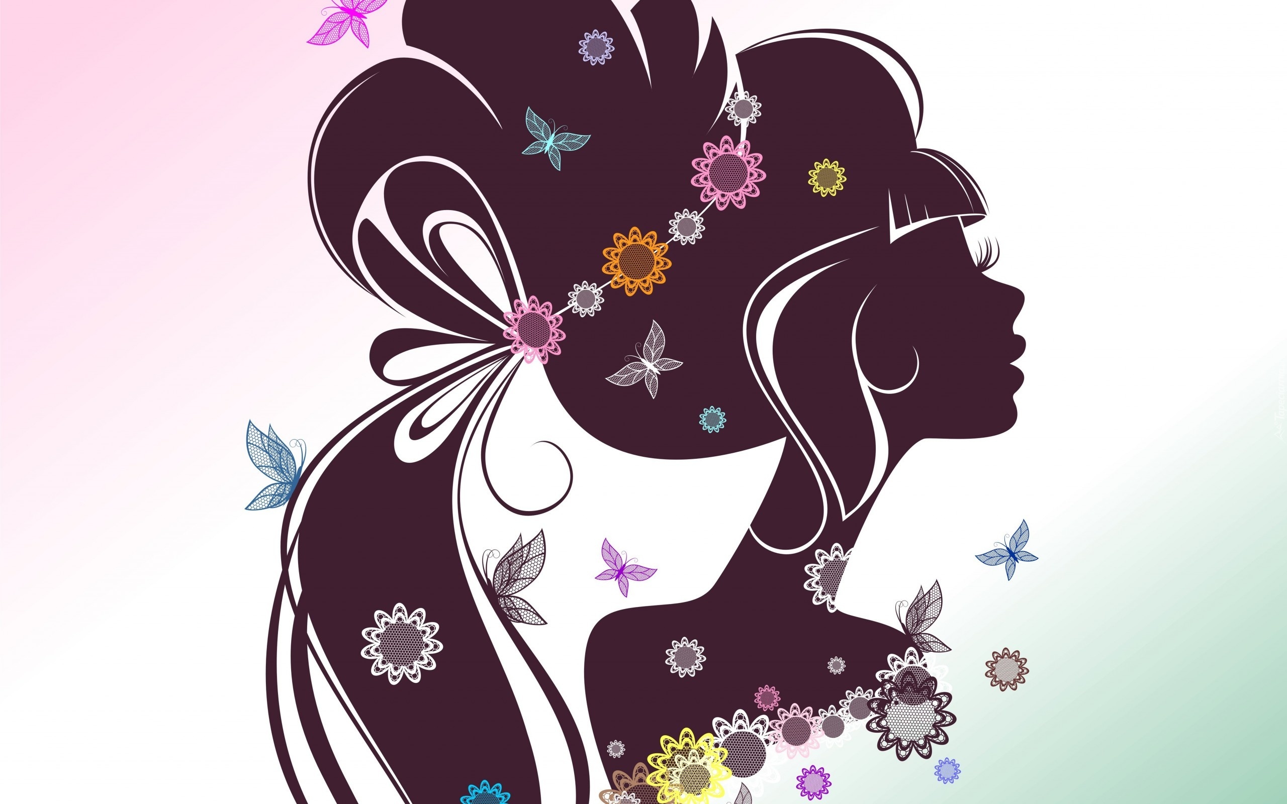 Kobieta, Motyle, Kwiaty, Grafika
