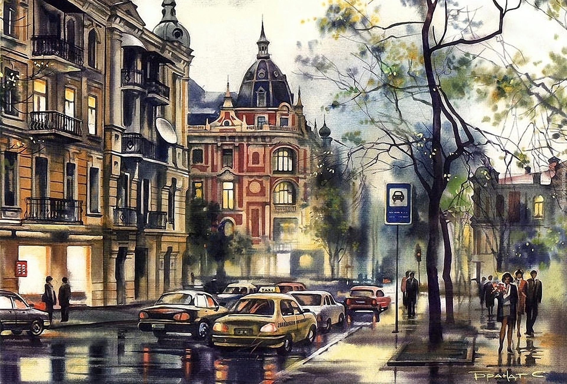 Malarstwo, Obraz, Ulica, Miasto, Stare, Kamienice, Przechodnie