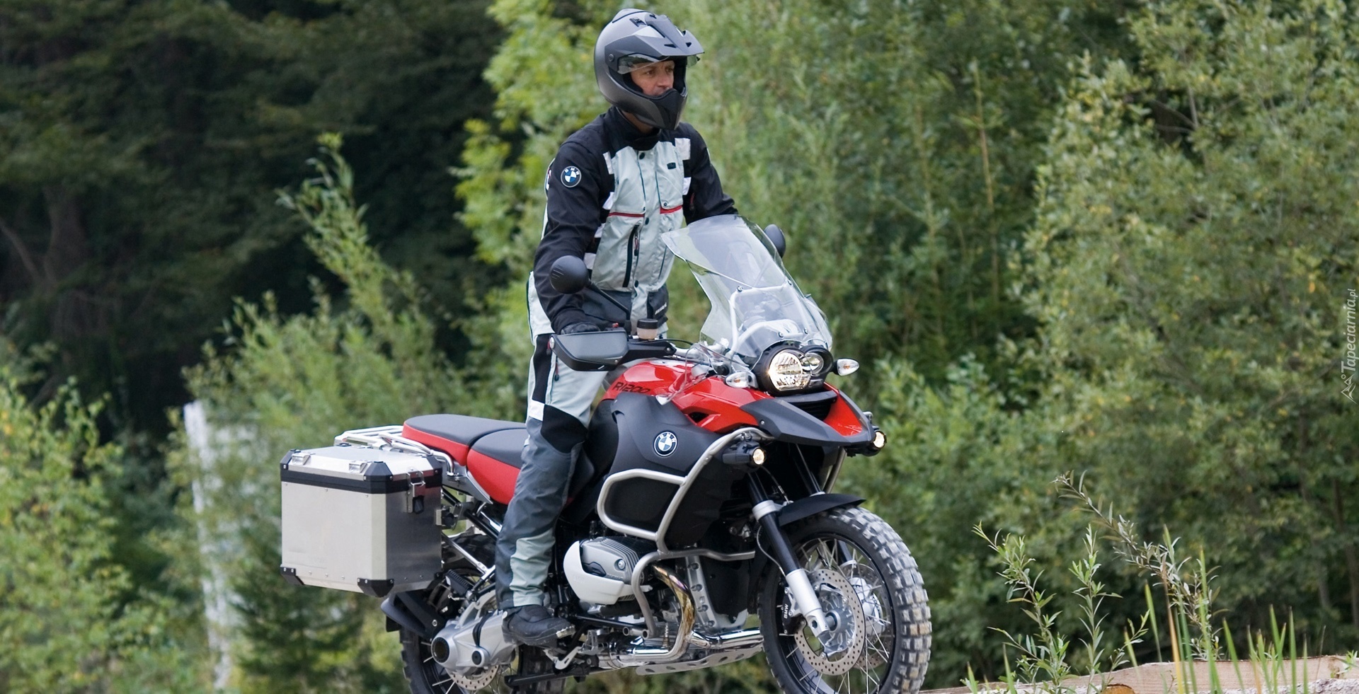 Motocykl, BMW R1200 GS, Motocyklista, Las