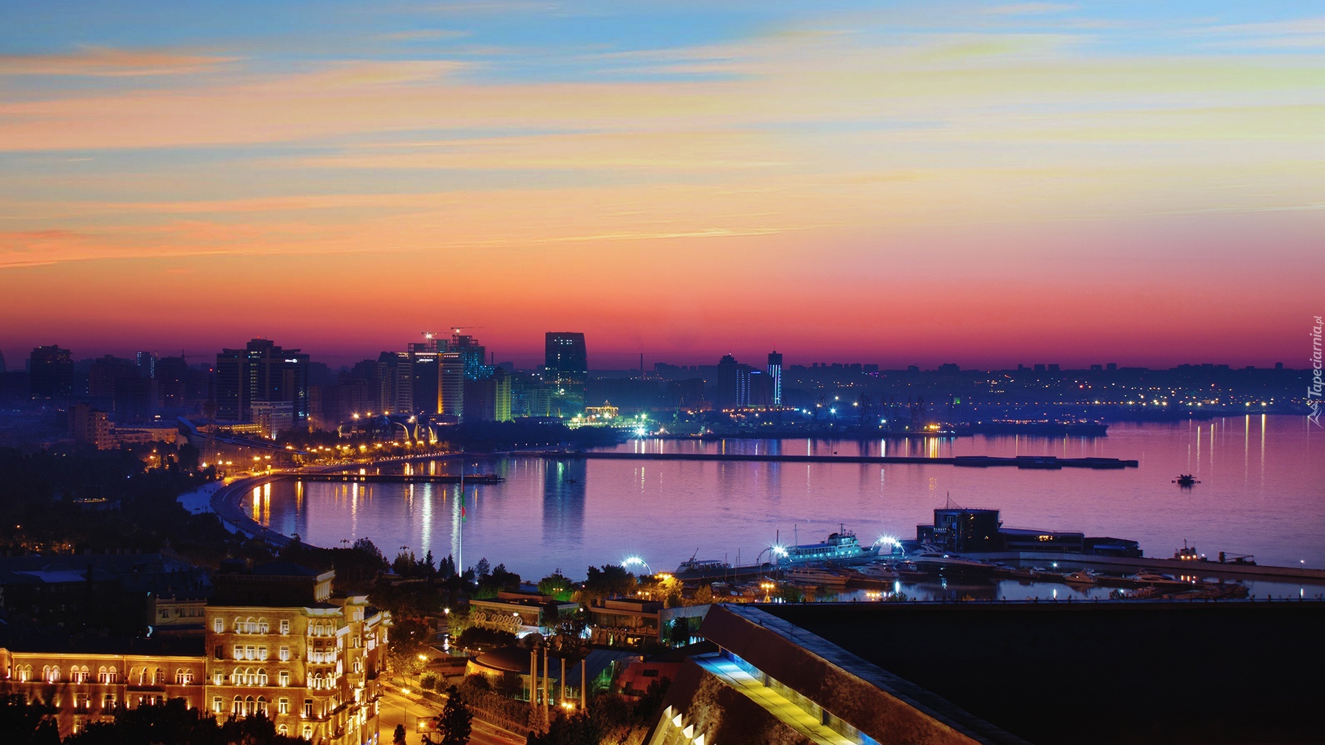 Port, Morze, Baku, Panorama, Miasta, Wschód, Słońca