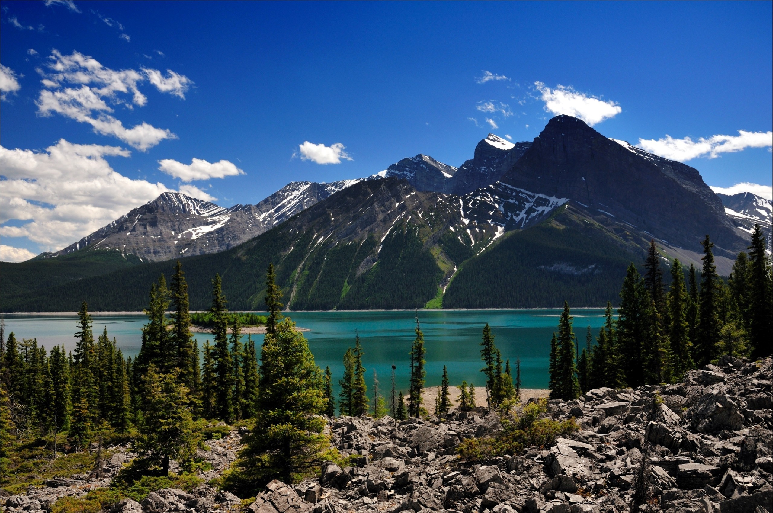 Góry, Jezioro, Drzewa, Alberta, Kanada