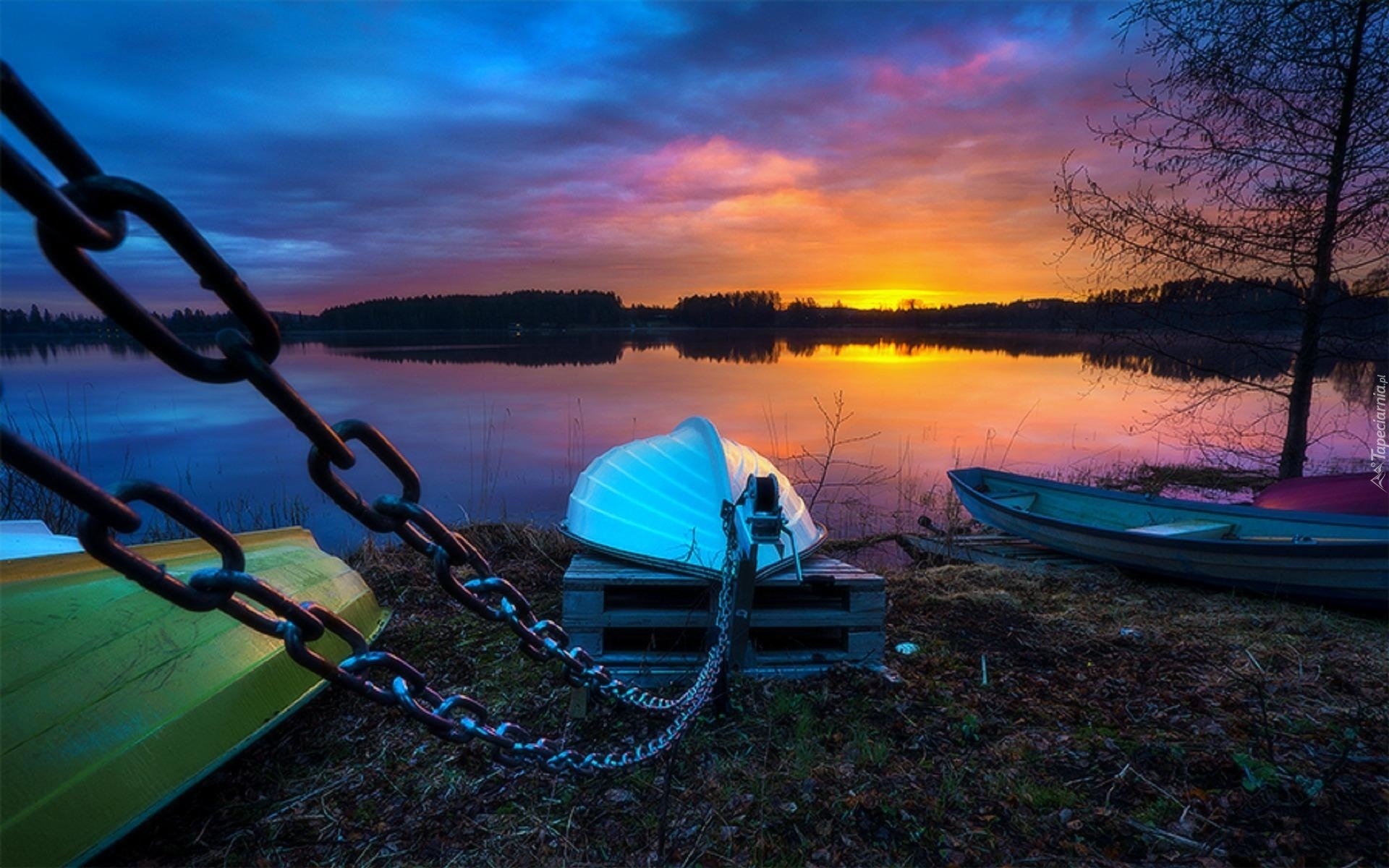 Łodzie, Jezioro, Lasy, Zachód, Słońca