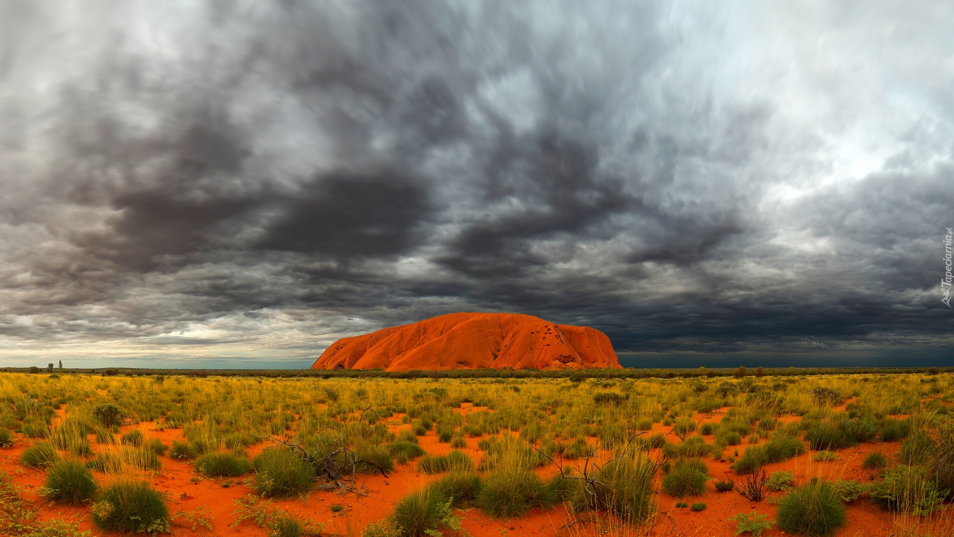 Uluru, Czerwona, Skała, Trawy, Chmury