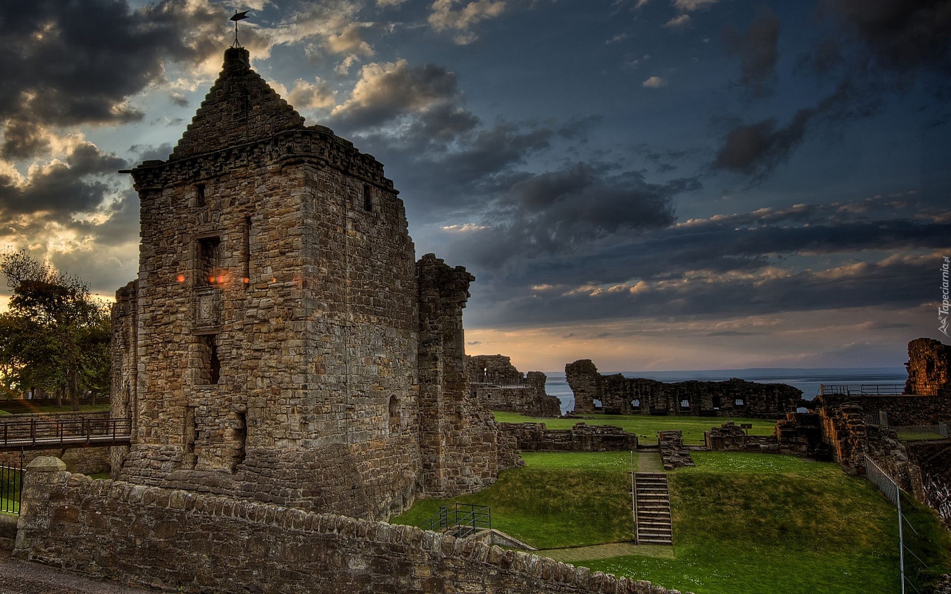 Ruiny, Forteca, Zamek St Andrews, St Andrews Castle, Szkocja, Ciemne, Chmury, Drzewa