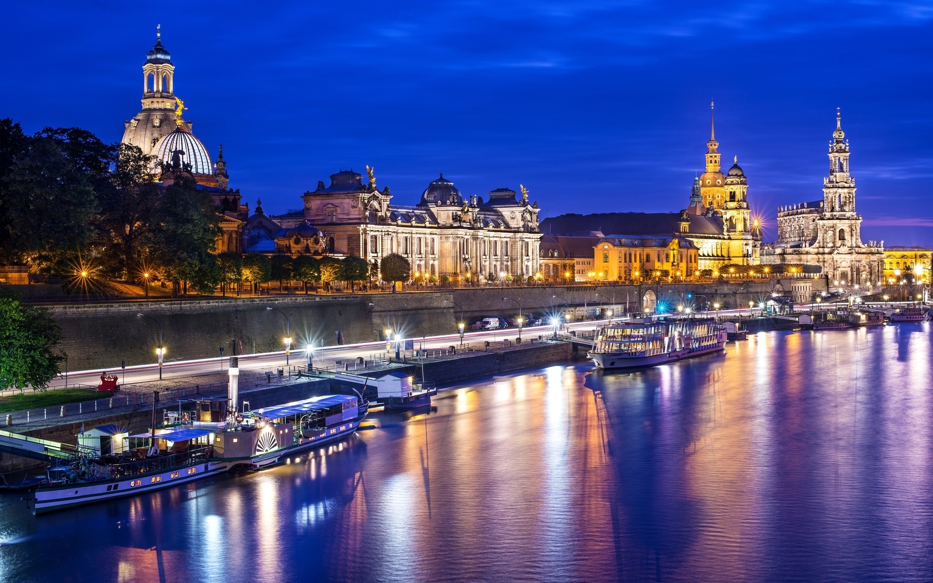 Rzeka, Statki, Panorama, Miasta, Noc, Drezno, Niemcy