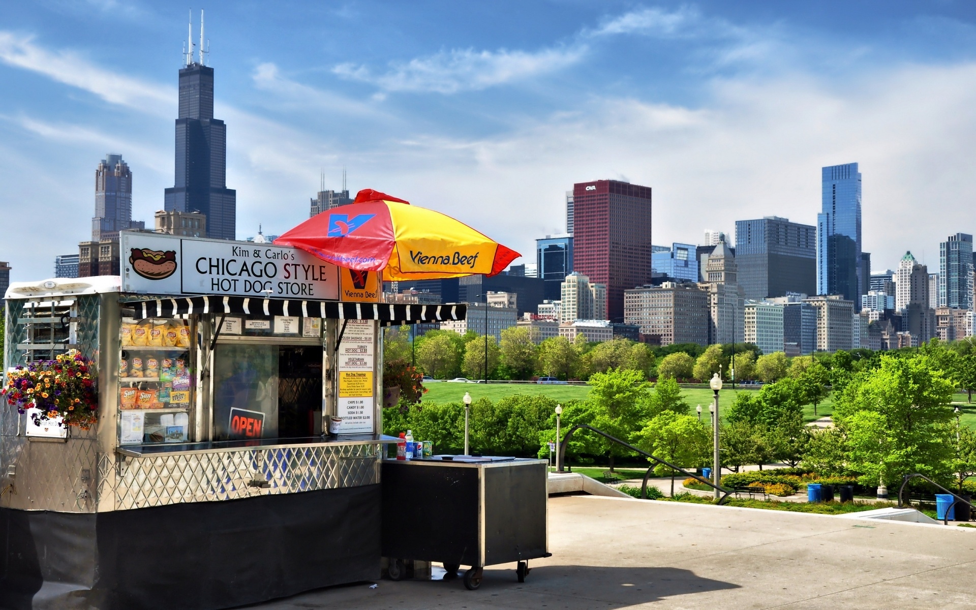 Kiosk, Park, Drzewa, Miasto, Panorama, Chicago