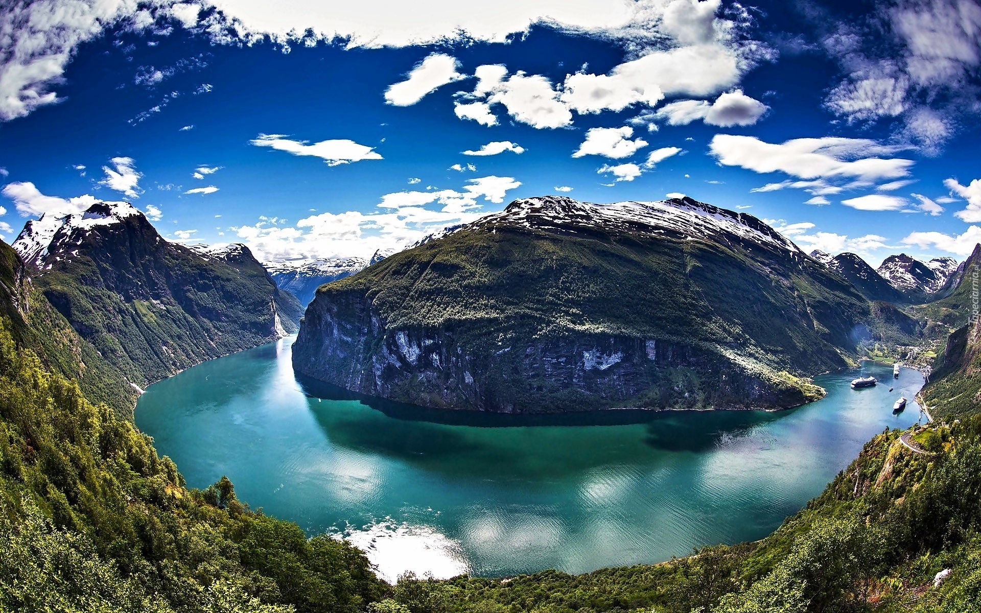 Morze, Geirangerfjord, Góry, Statki, Roślinność