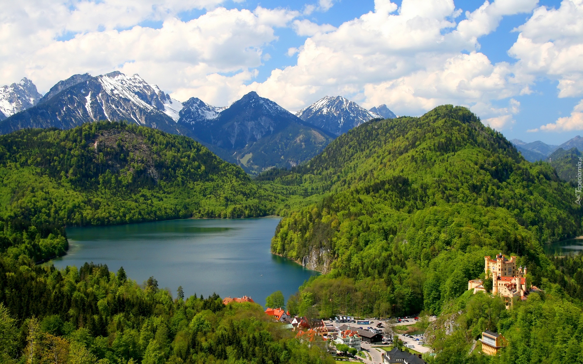 Zamek, Domy, Góry, Las, Jezioro