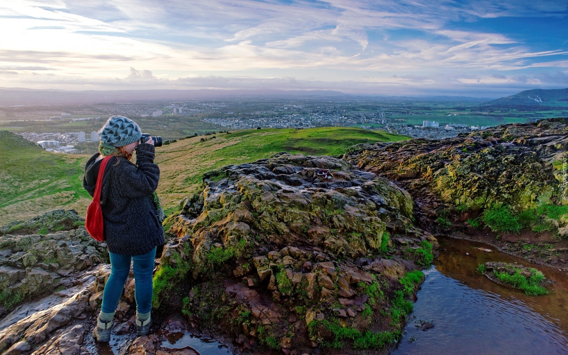 Dziewczyna, Aparat, Fotograficzny, Wzgórza, Panorama, Miasta