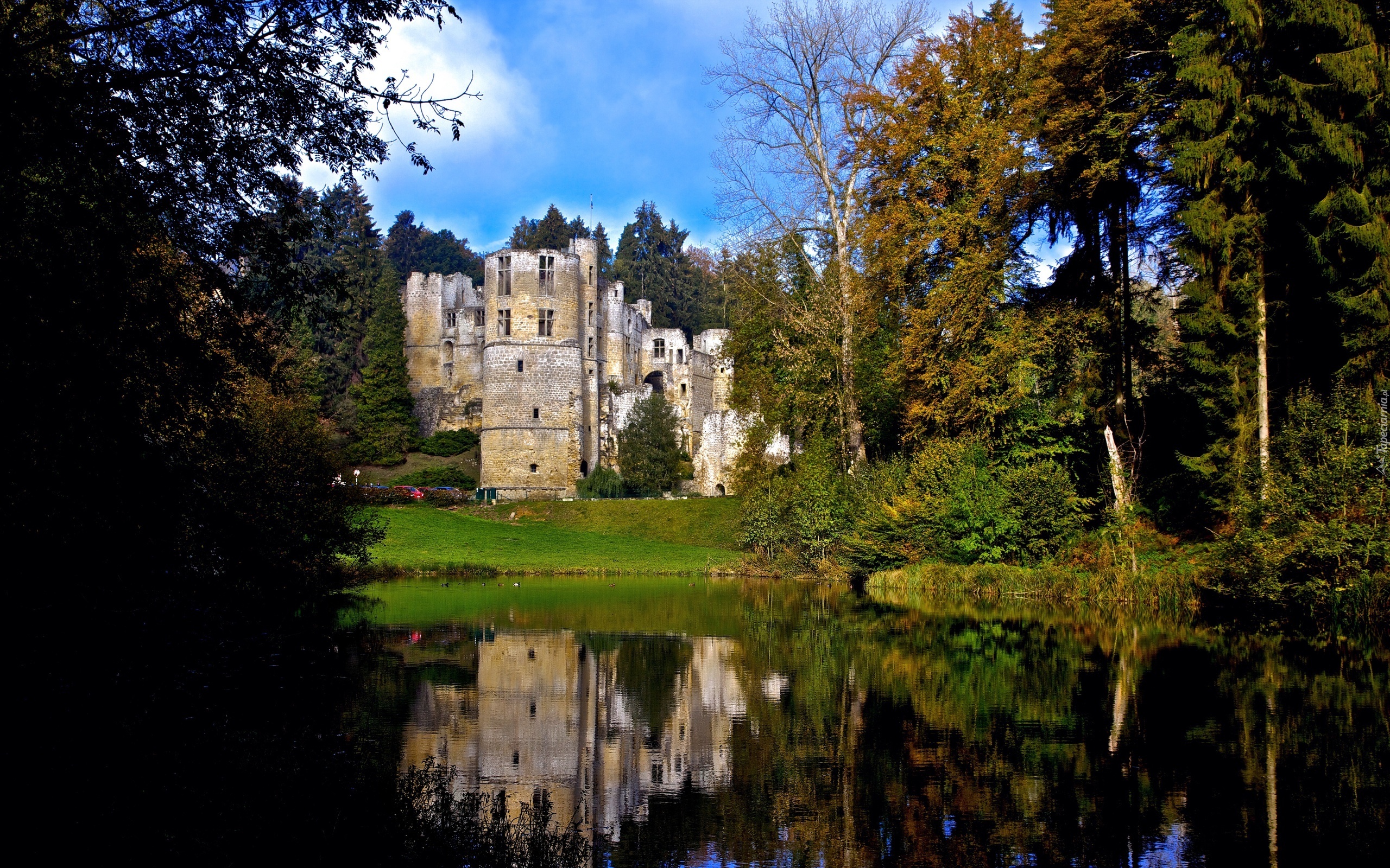 Zamek w Beaufort, Beaufort Castle, Luksemburg, Park, Rzeka, Drzewa