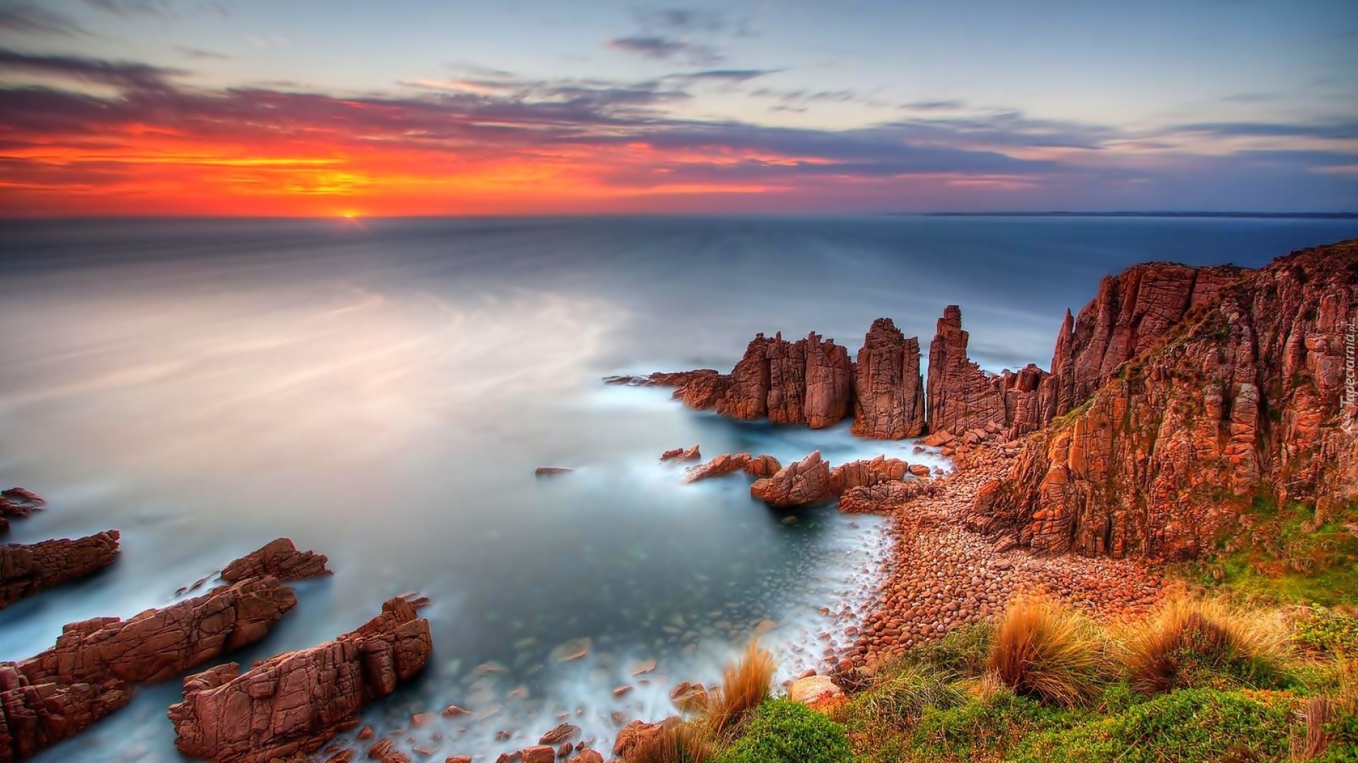 Ocean, Zachód Słońca, Skały, Australia