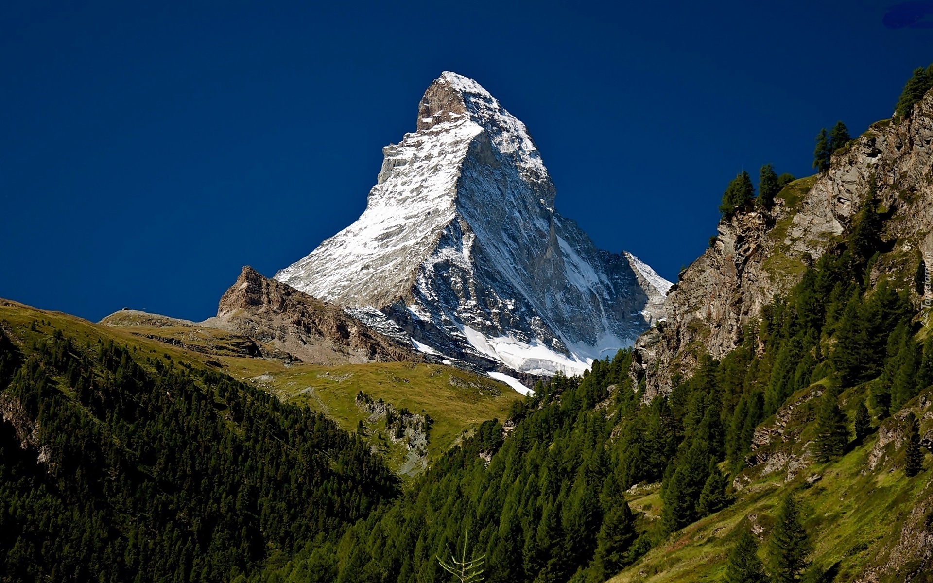 Góry, Alpy, Szczyt, Matternhorn, Lasy, Łąki