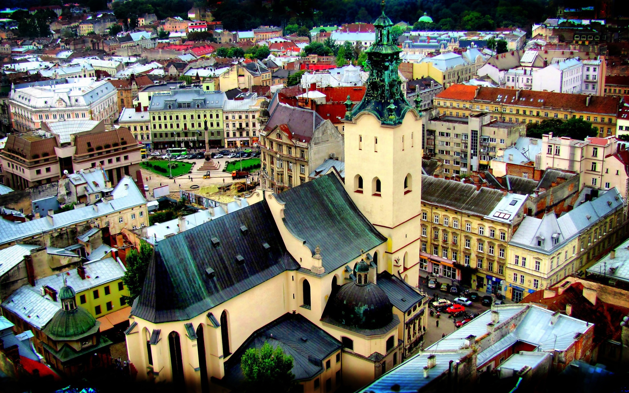 Domy, Kościoły, Ulice, Lwów, Panorama, Miasta, Ukraina