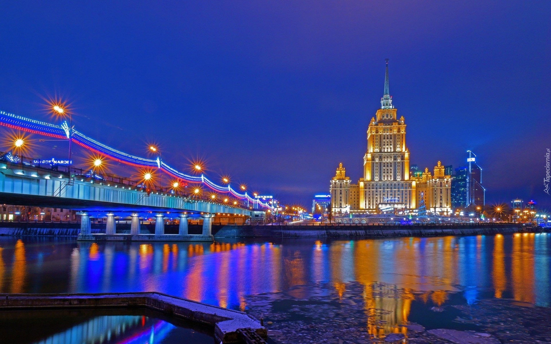 Oświetlony, Most, Rzeka, Budowla, Moskwa, Rosja