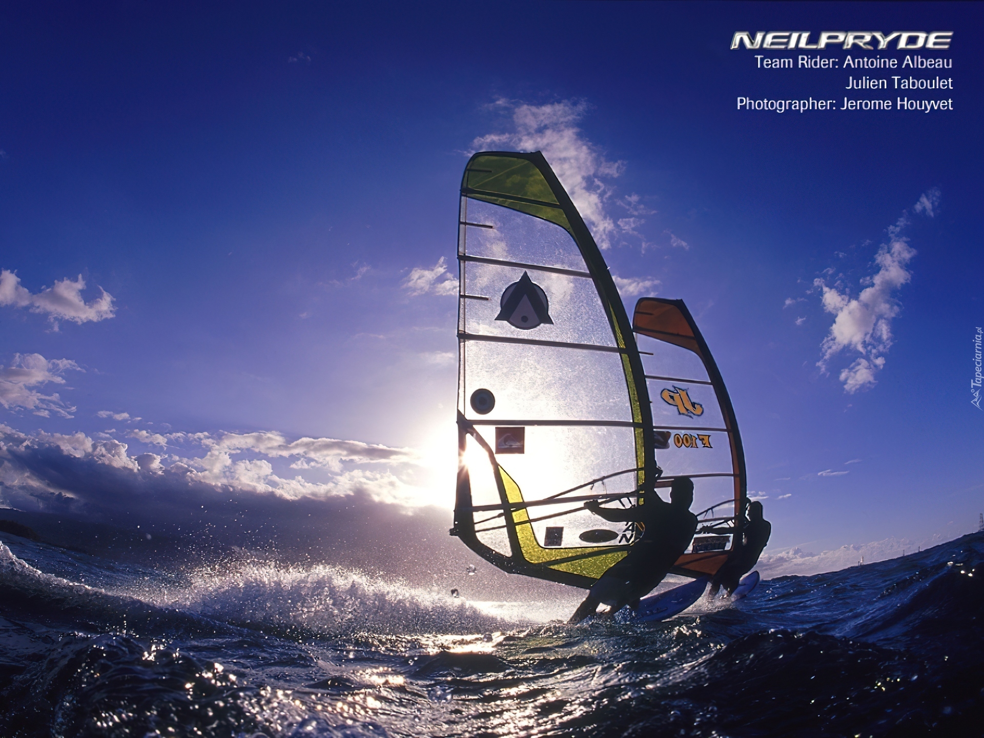 Windsurfing, deska, żagiel, morze, fala, niebo