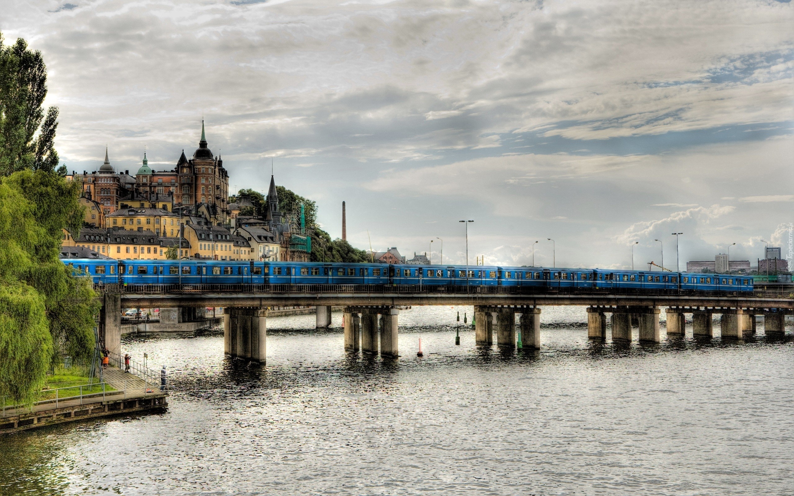 Miasto, Most, Rzeka, Drzewa, Pociąg