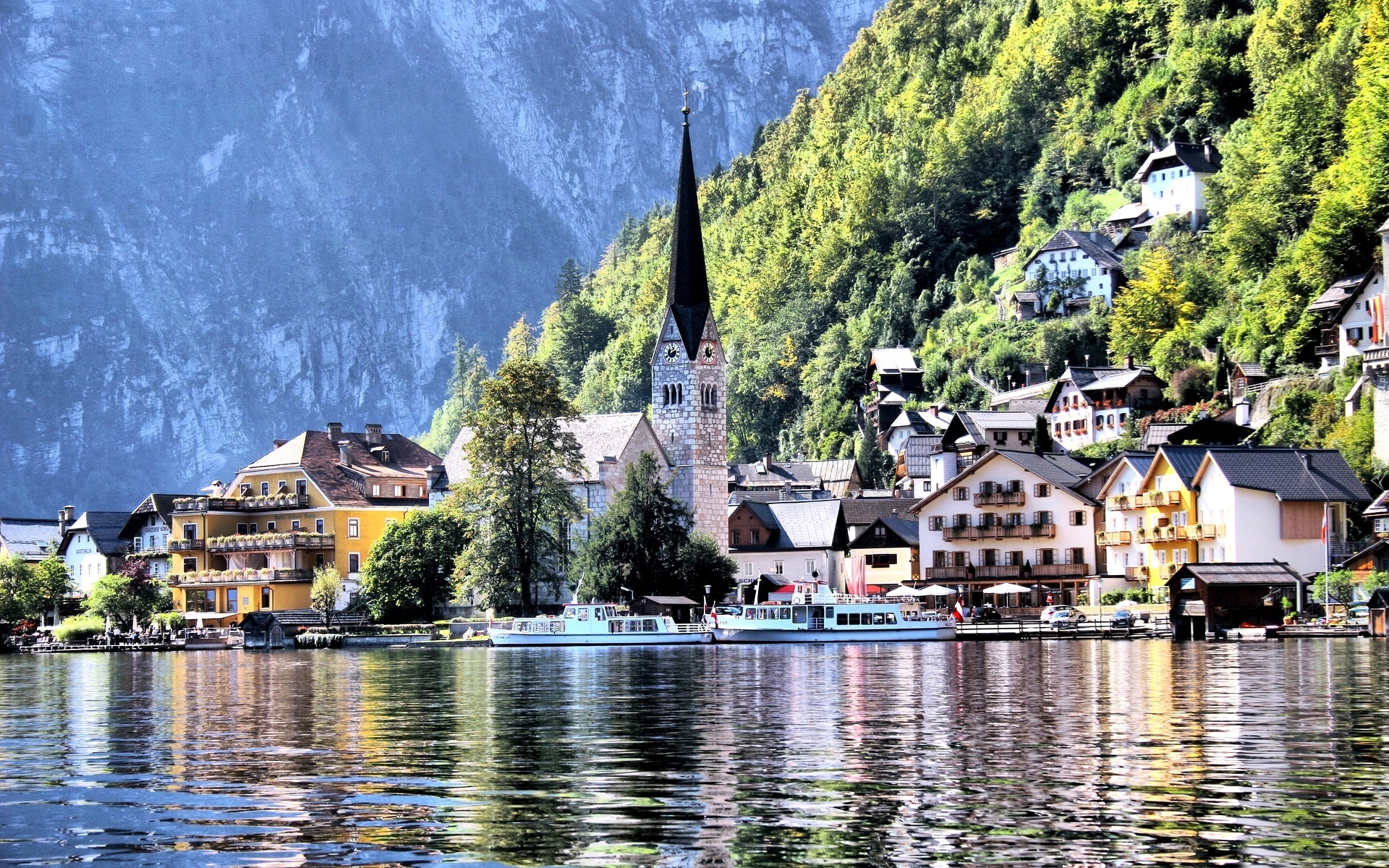 Góry Alpy, Domy, Kościół, Hallstatt, Austria