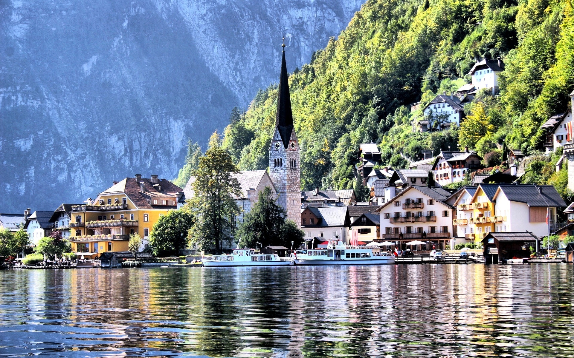 Góry Alpy, Domy, Kościół, Hallstatt, Austria