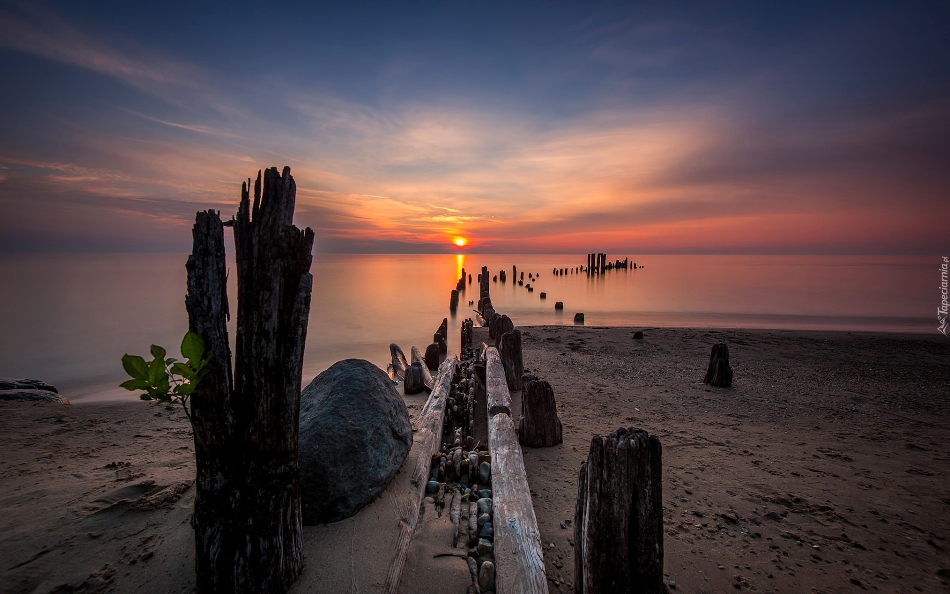 Morze, Plaża, Zachód Słońca