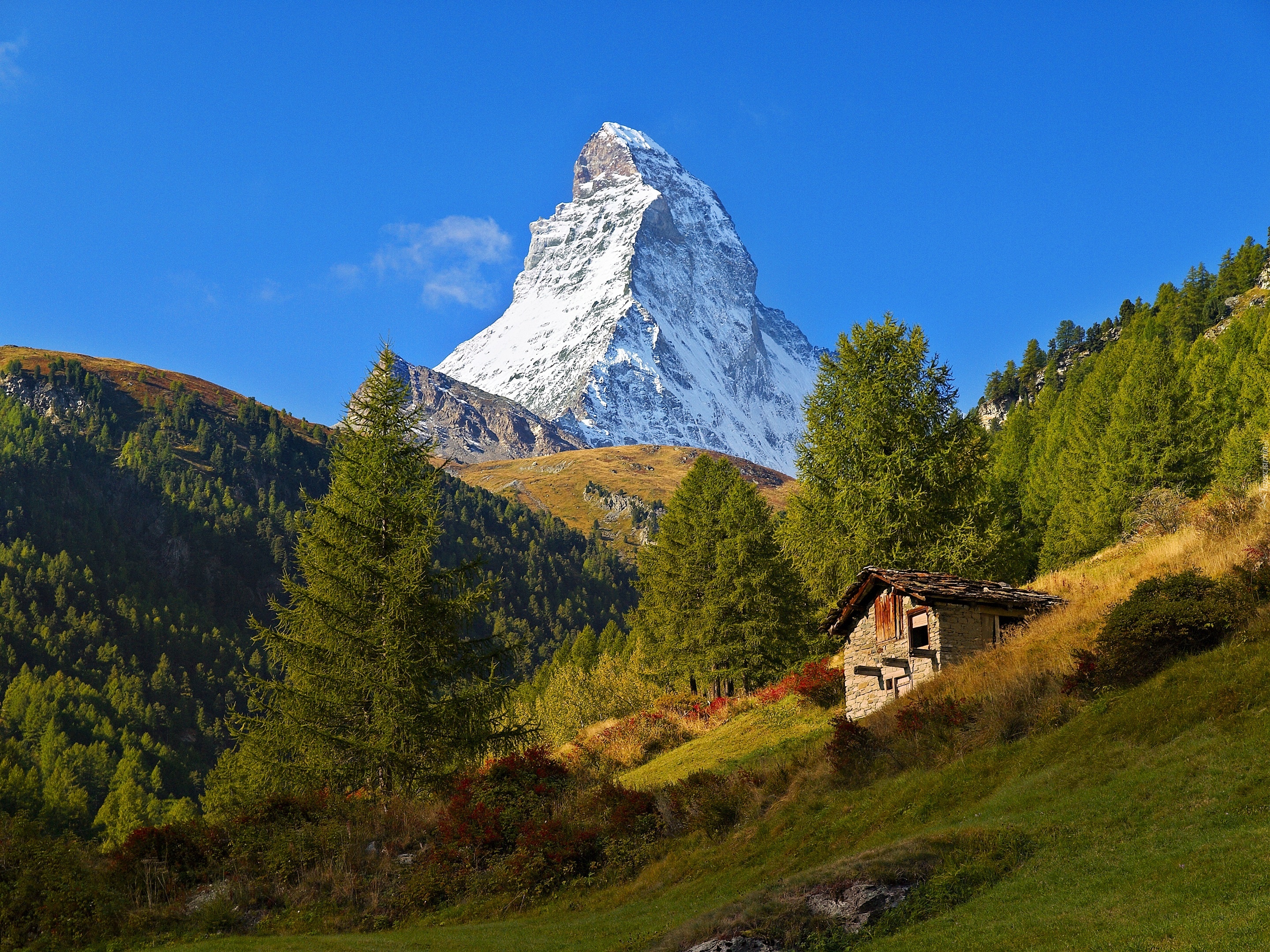 Góry, Szczyt, Matterhorn, Las, Łąka, Szopa, Światło, Cień