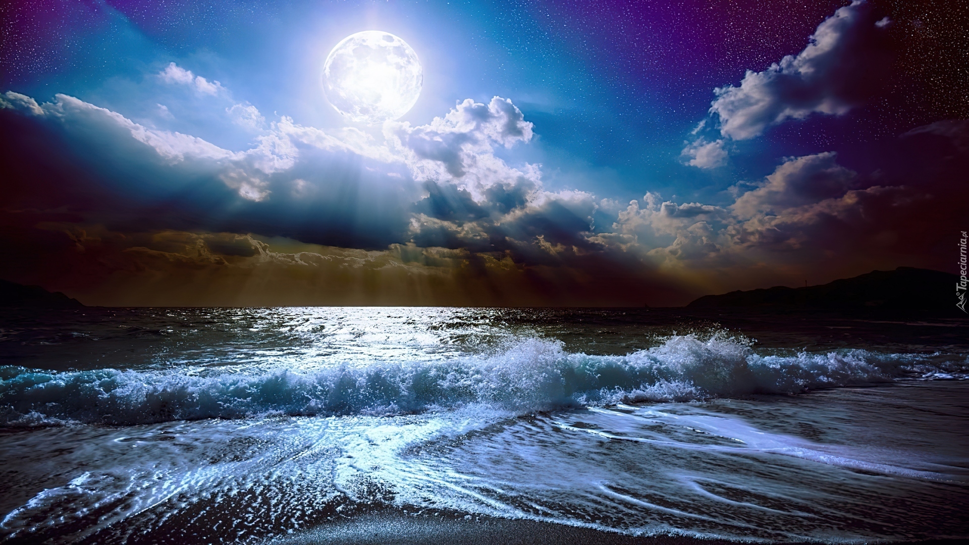 Morze, Noc, Fale, Księżyc