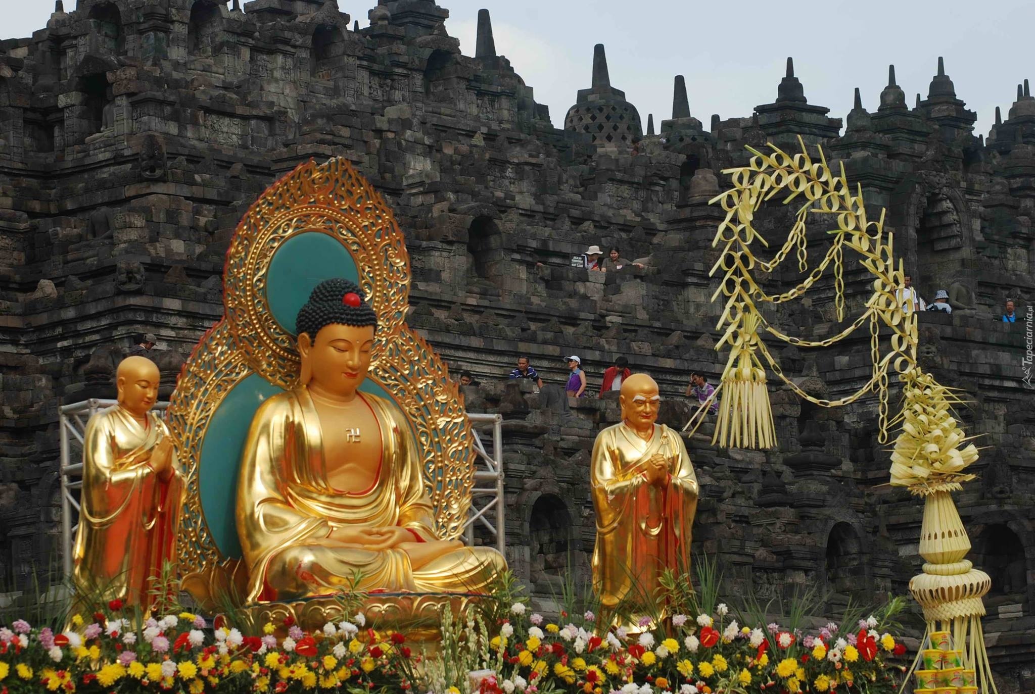 Indonezja, Borobudur, Posągi, Ludzie, Kwiaty Pałac