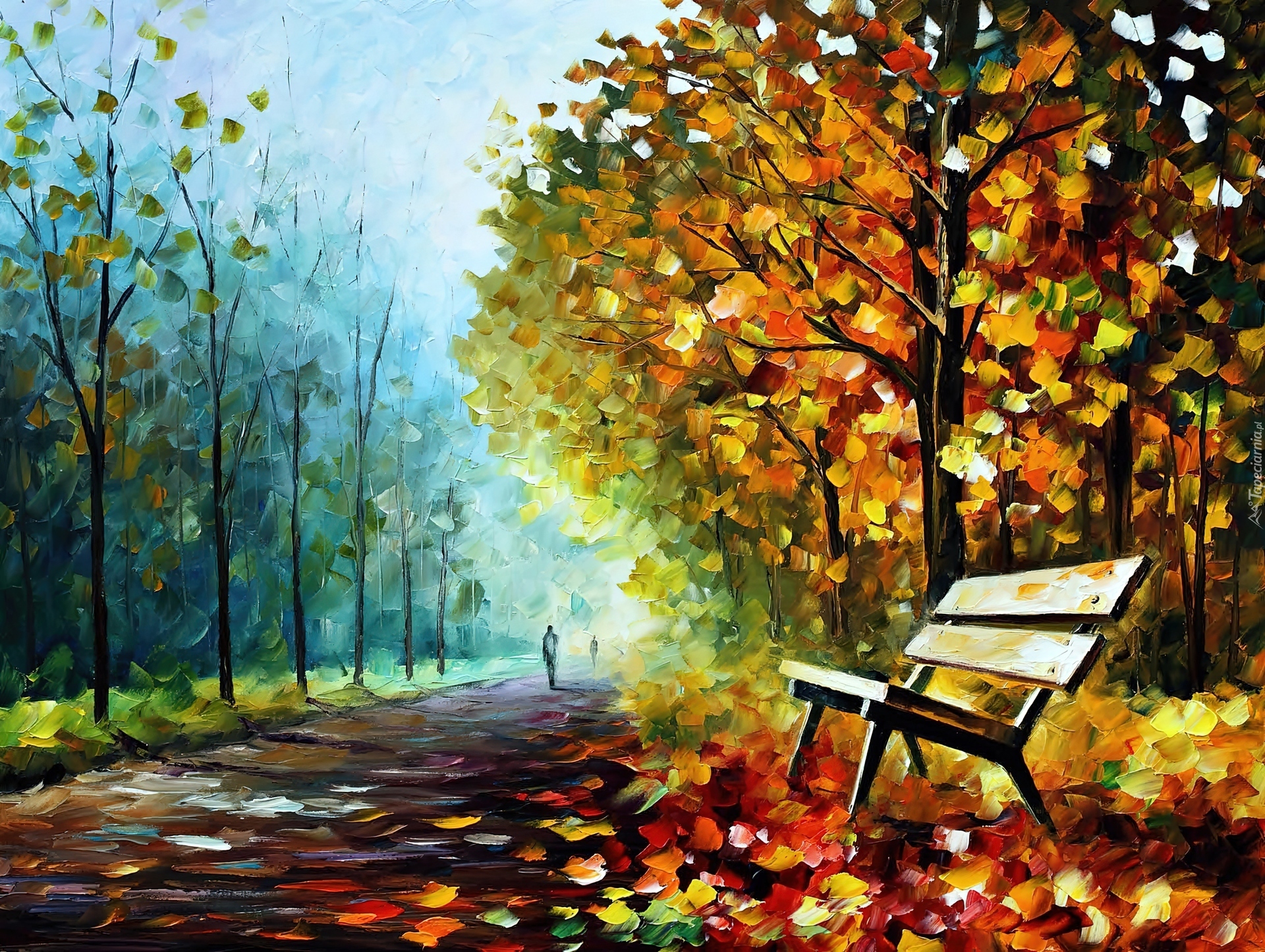 Leonid, Afremov, Jesień, Park, Ławeczka