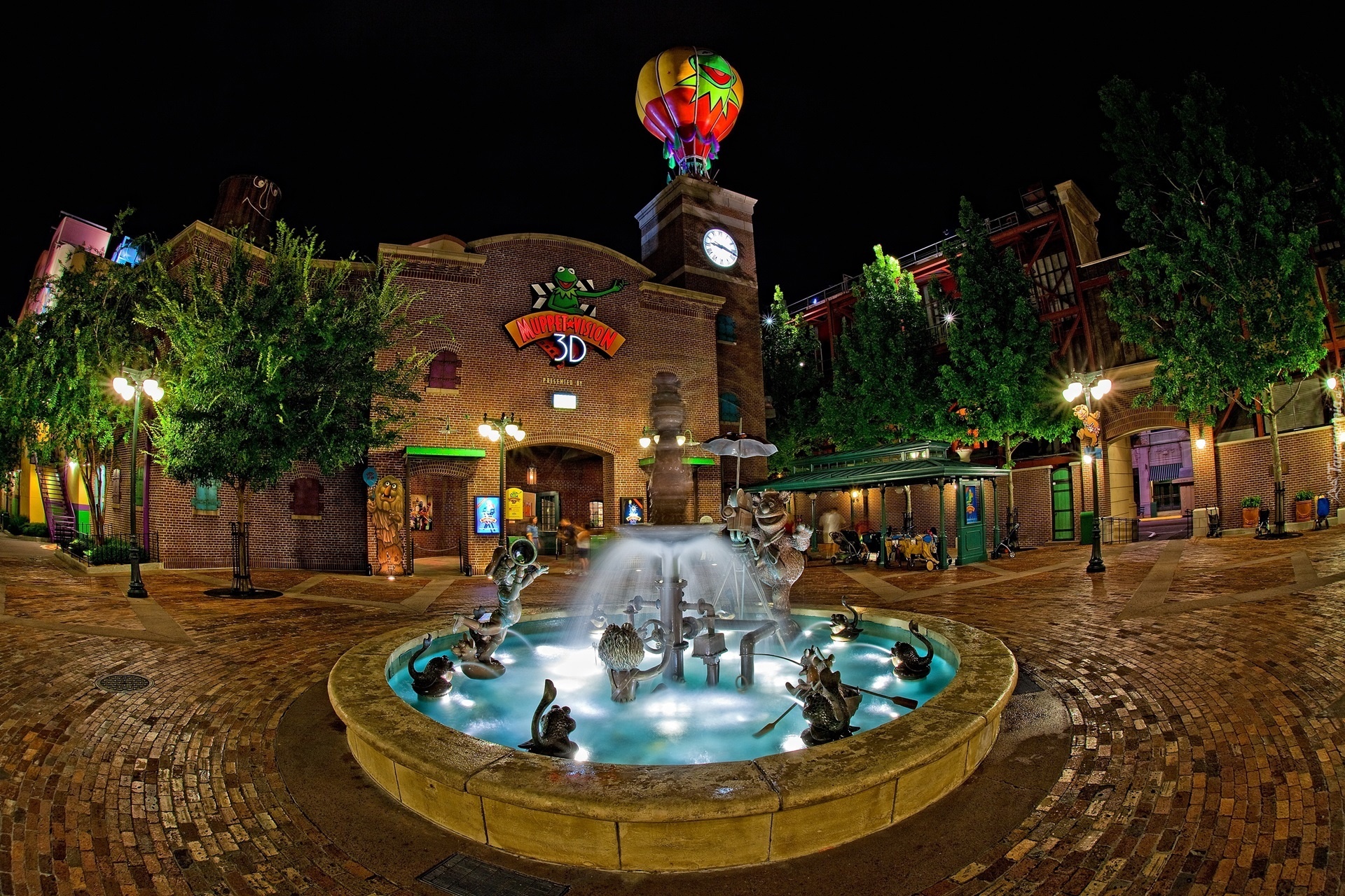 Fontanna, Miasto, Noc, HDR, Disneyland, Kalifornia, USA