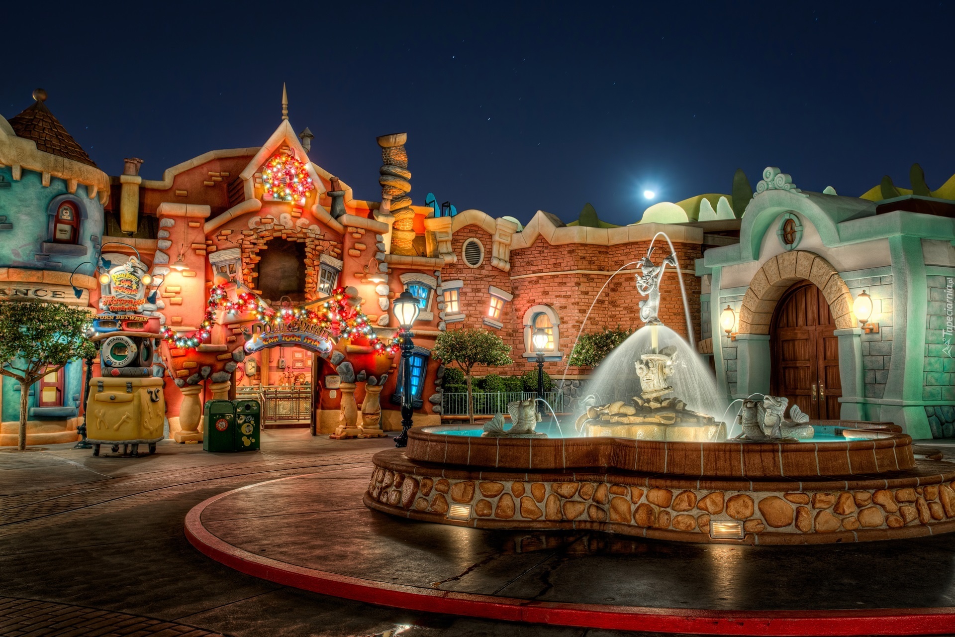 Miasto, Noc, Fontanna, Budynki, Disneyland, Kalifornia, USA