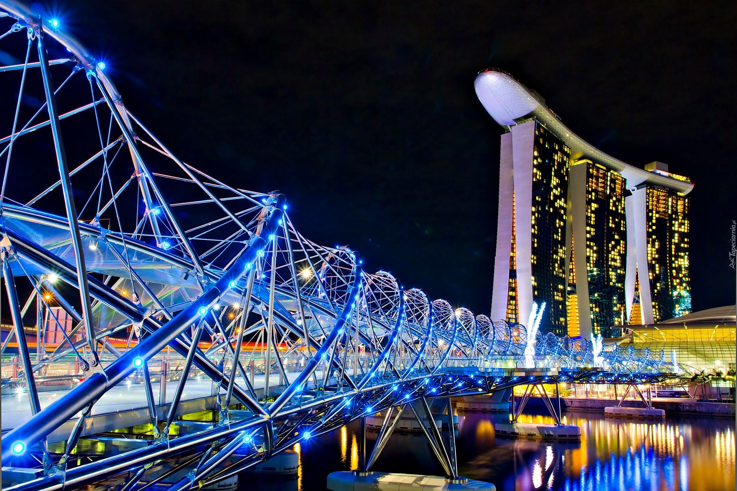 Most, Hotel, Marina, Bay, Stands, Fragment, Singapuru, Nocą