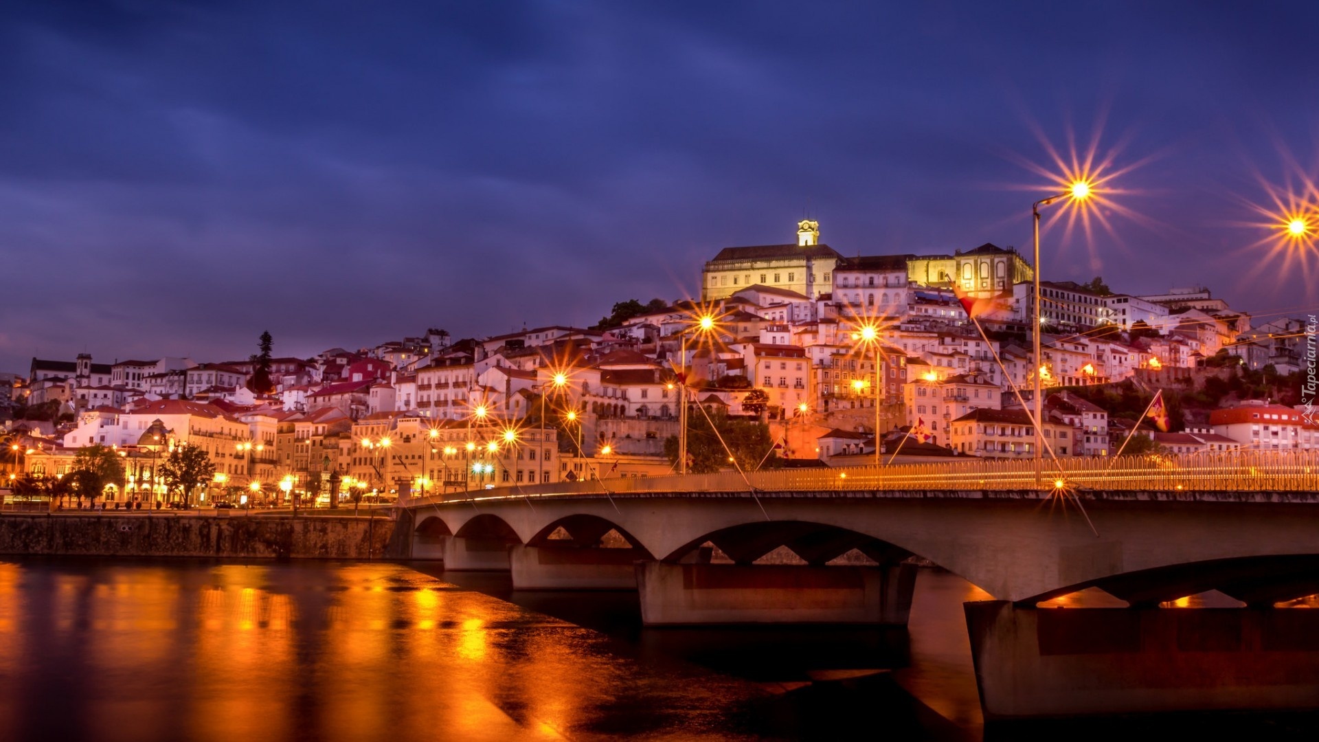 Portugalia, Coimbra, Miasto, Noc, Most, Rzeka