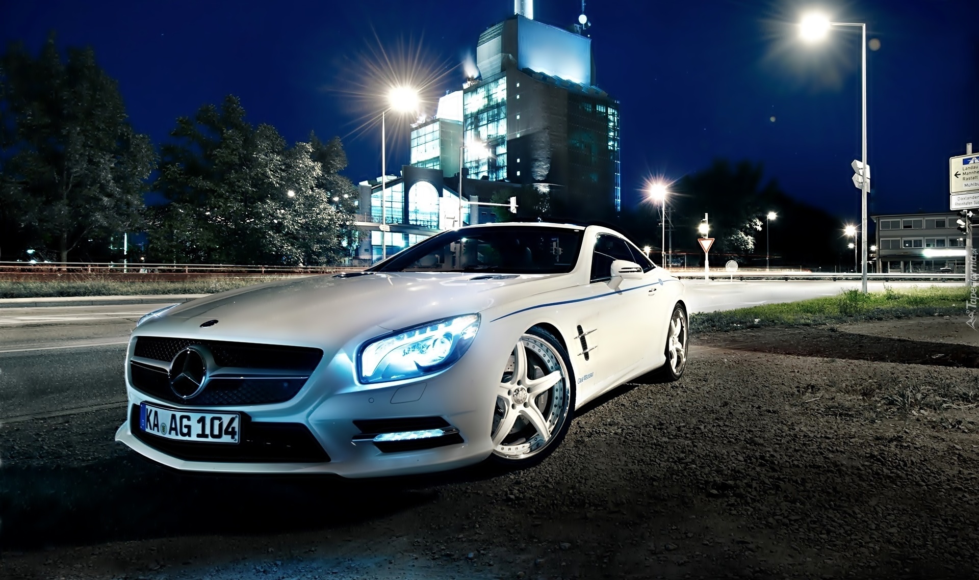 Mercedes, Benz, SL500, Noc, Latarnie, Wieżowiec