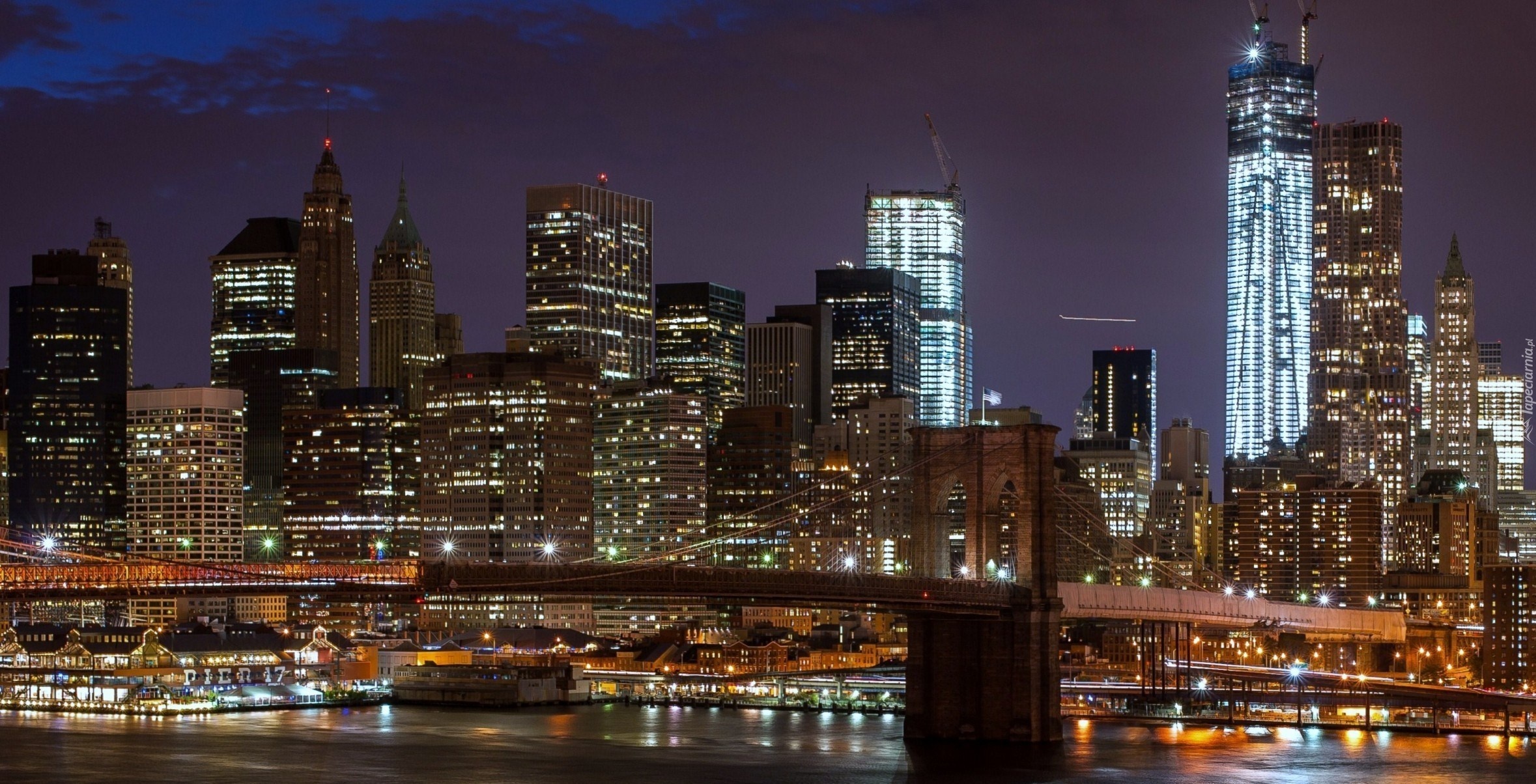 Drapacze chmur, Brooklyn Bridge, Manhattan nocą