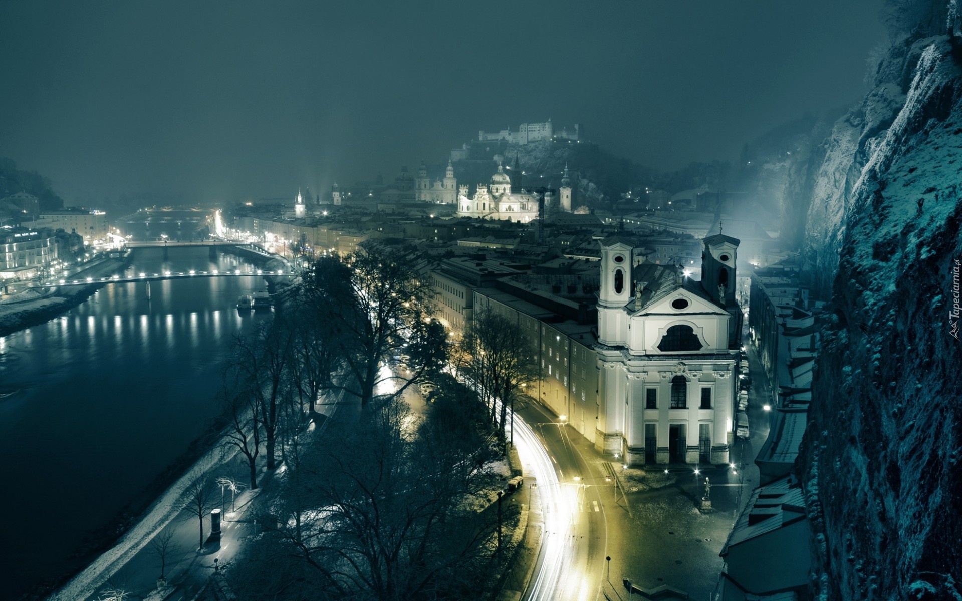 Austria, Salzburg, Miasto, Noc, Mgła