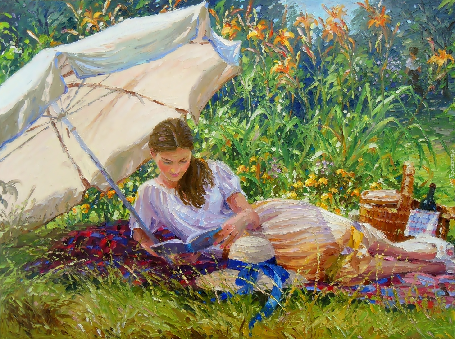 Malarstwo, Łąka, Kobieta, Parasol, Piknik