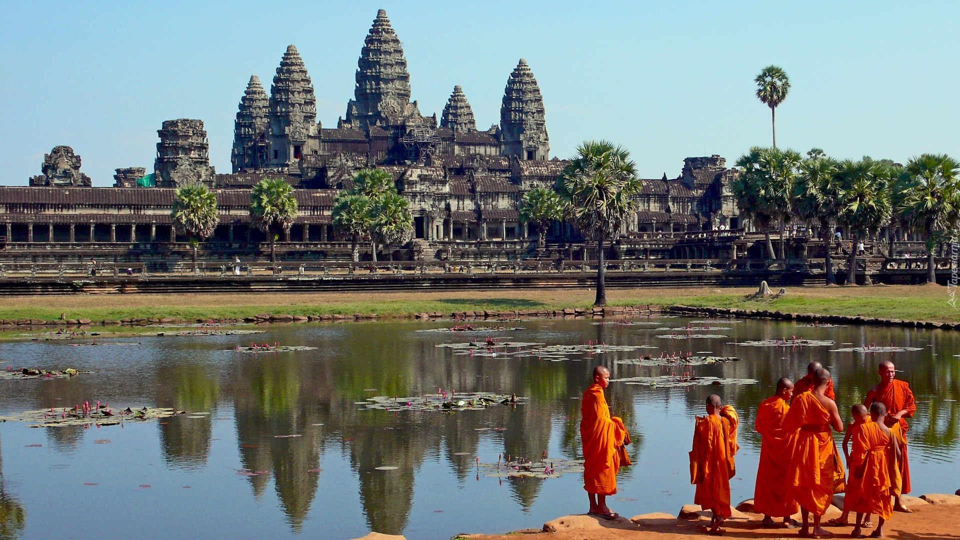 Kambodża, Angkor Wat, Mnisi, Staw