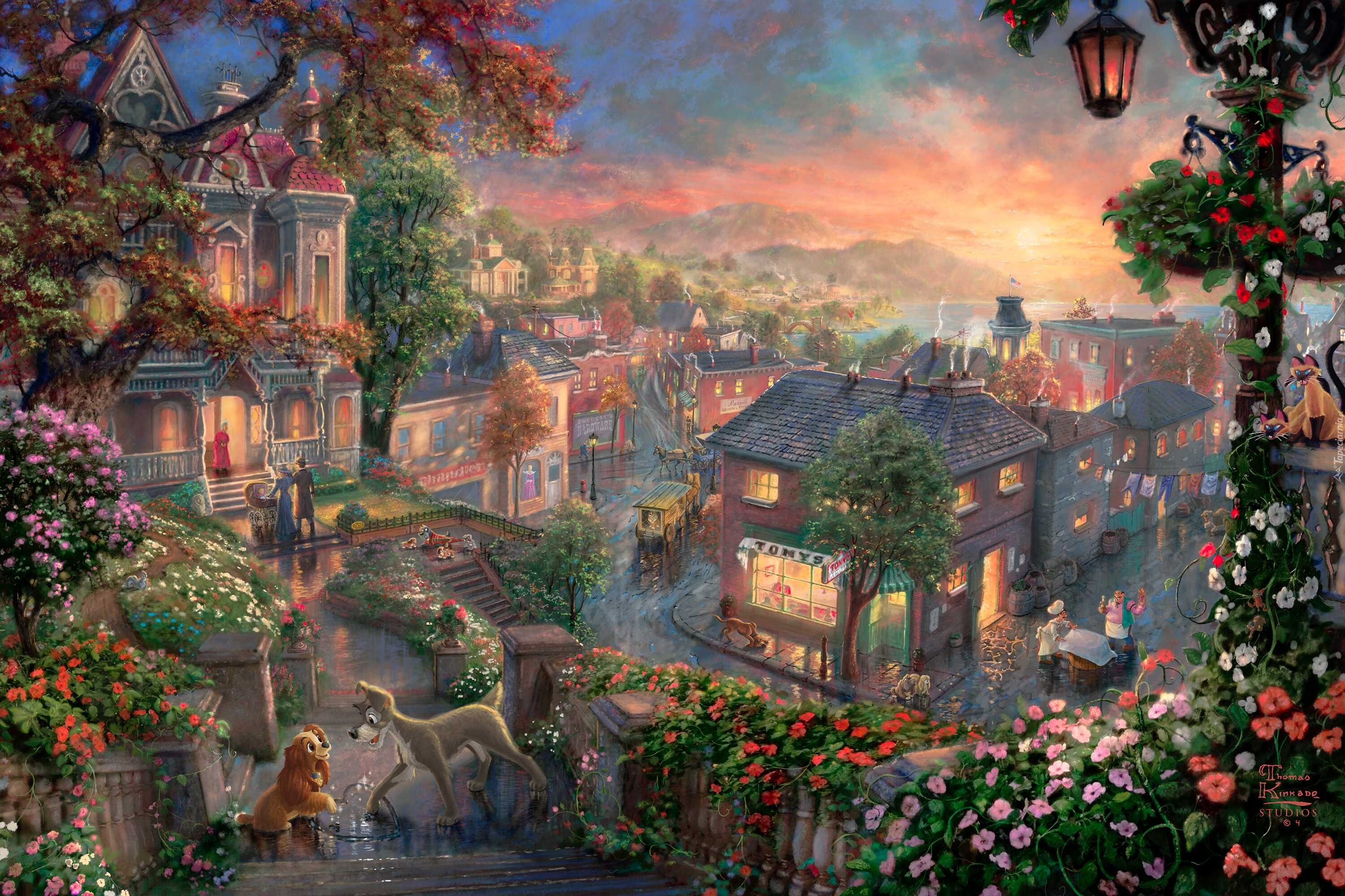 Thomas Kinkade, Disney, pies, malarstwo, Zakochany Kundel, Lady, Tramp