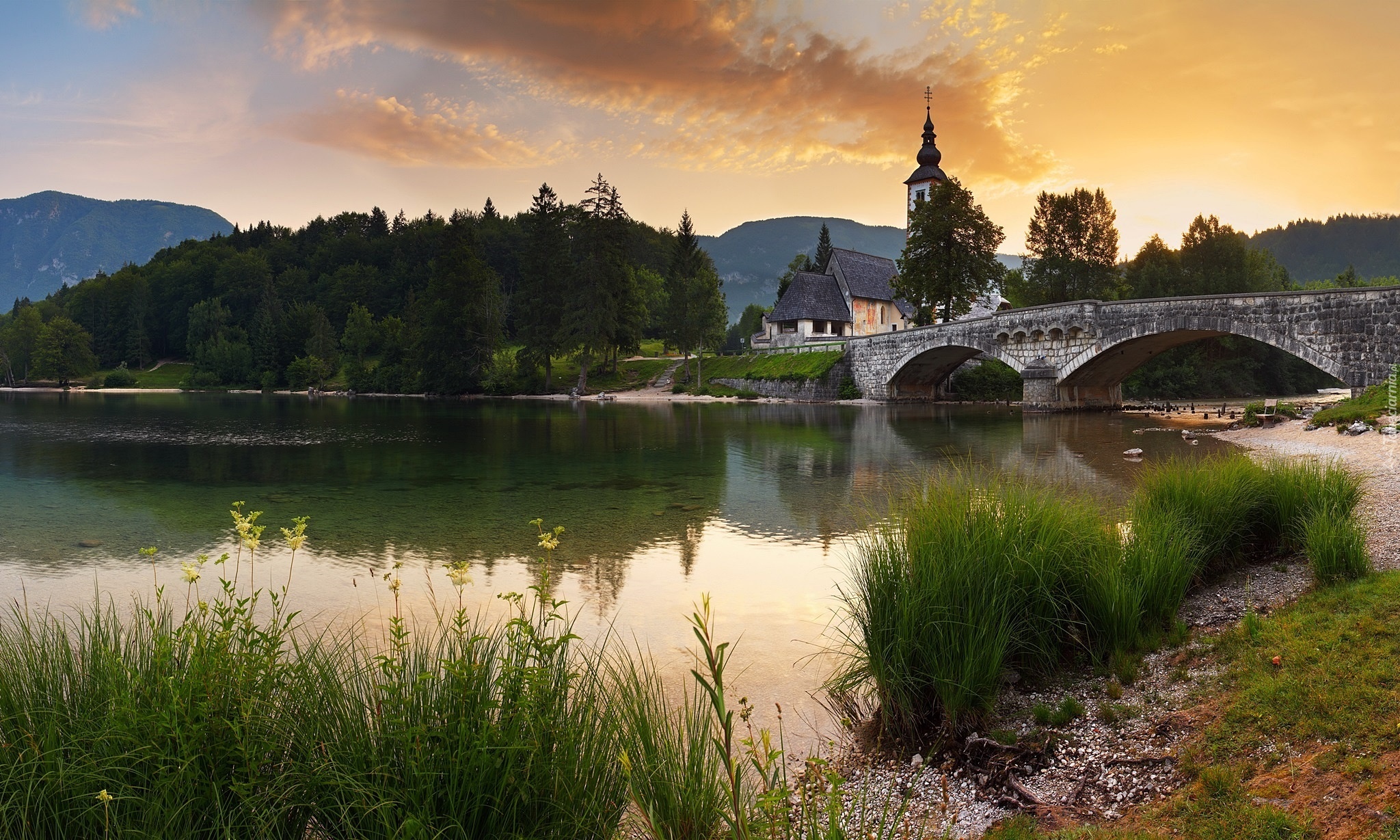 Jezioro, Bohinj, Most, Słowenia