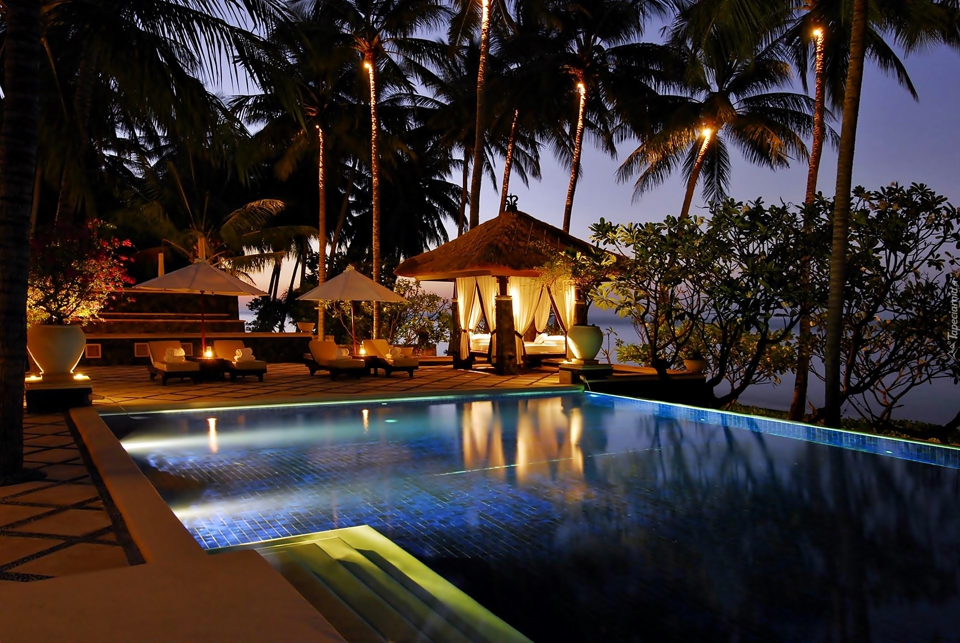 Hotel, Basen, Palmy, Noc, Bali