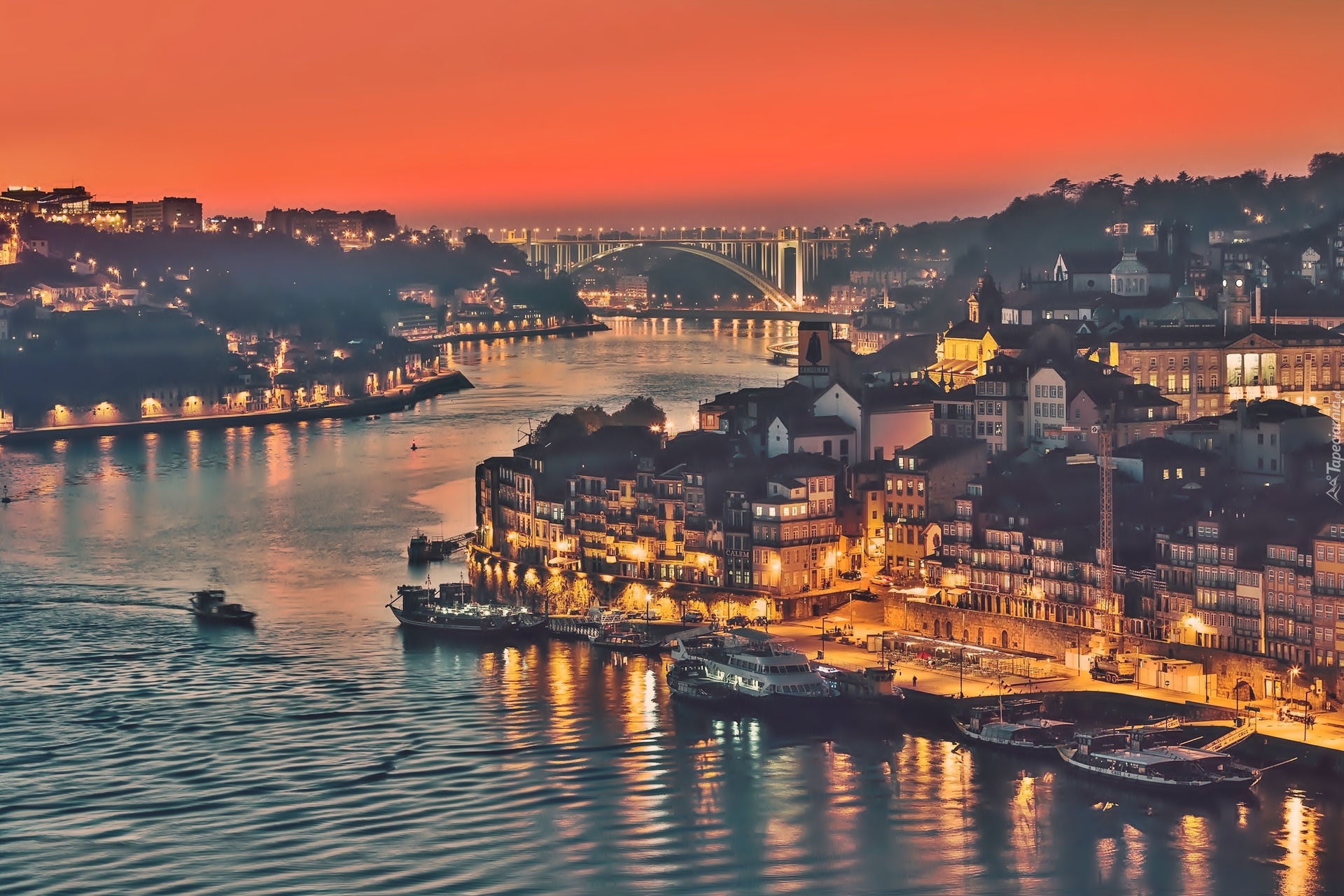 Portugalia, Rzeka, Douro, Miasto, Porto, Nocą, Z lotu ptaka