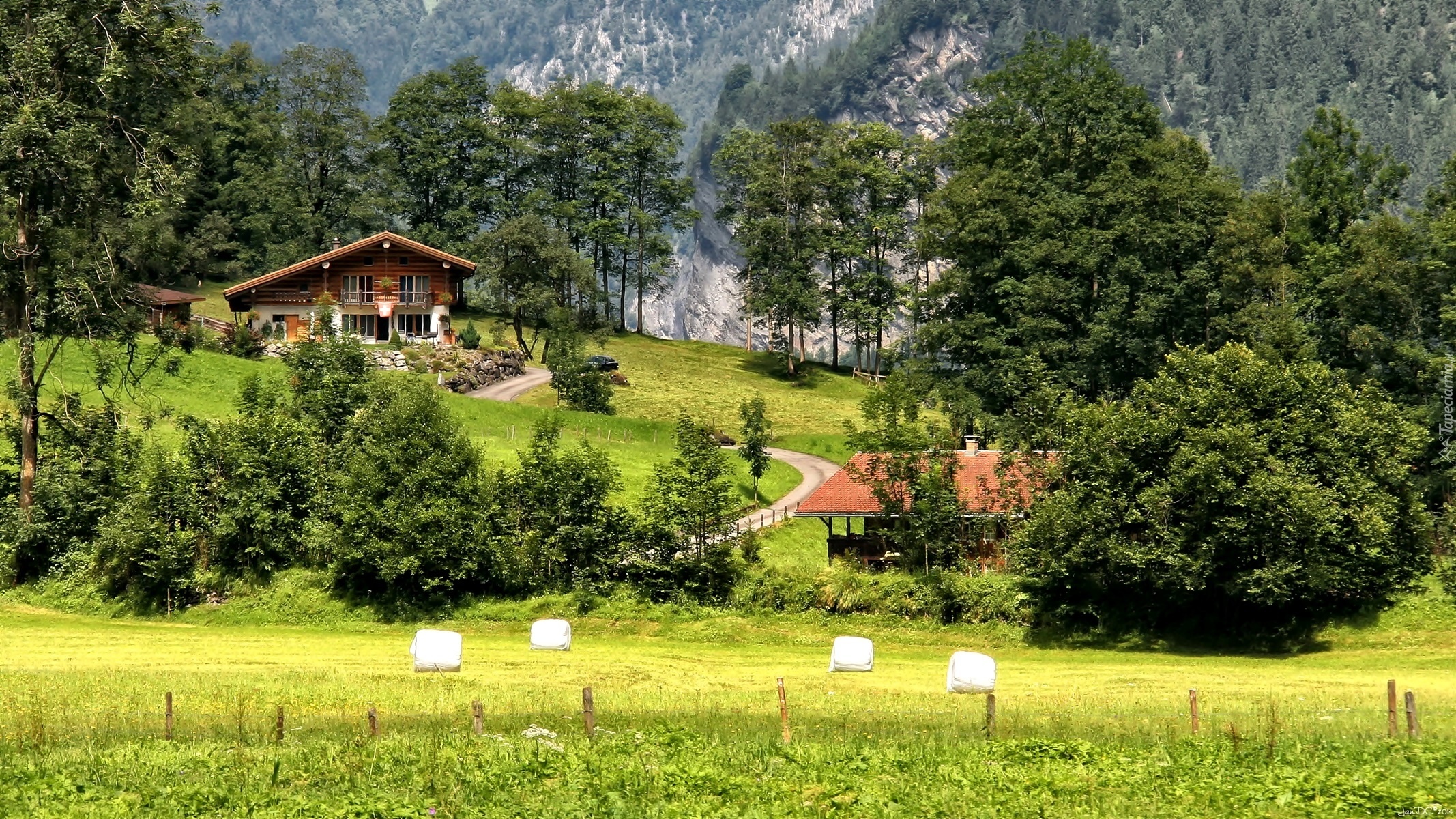 Góry, Drzewa, Pole, Dom, HDR