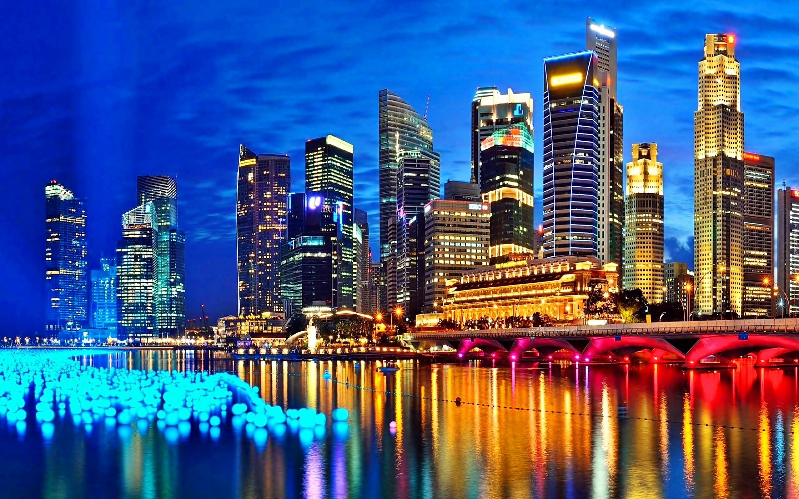Drapacze, Chmur, Most, Singapur, Miasto, Nocą