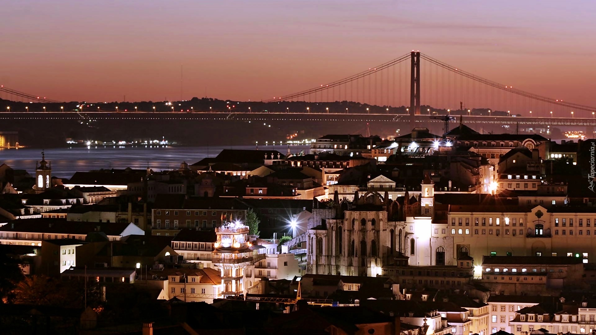 Most, Budynki, Lizbona, Miasto, Nocą